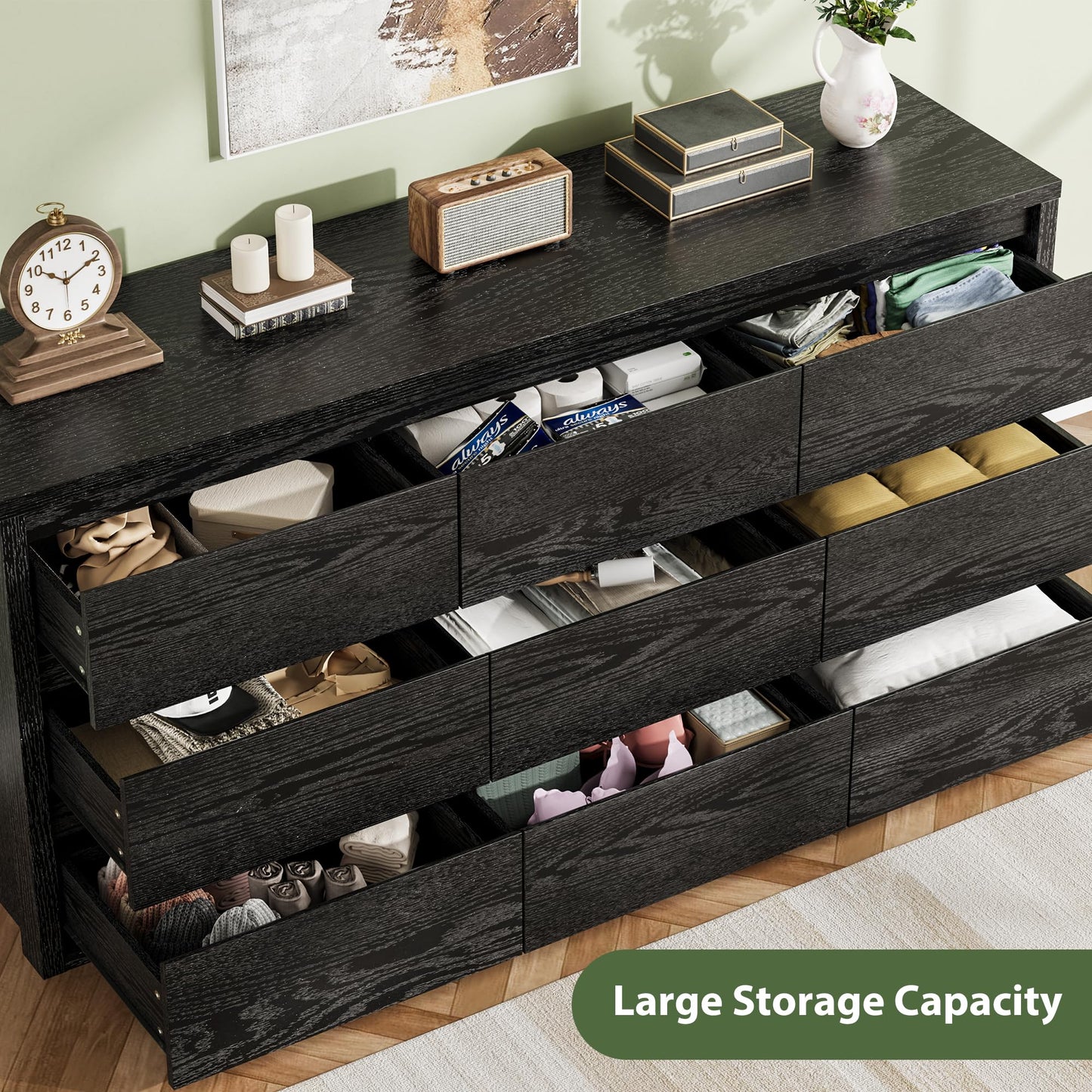 GarveeHome 9 Drawer Dresser for Bedroom, Wide Modern Chest of Drawers, Large Wood Dresser Wooden Storage Organizer for Living Room, Hallway Entryway