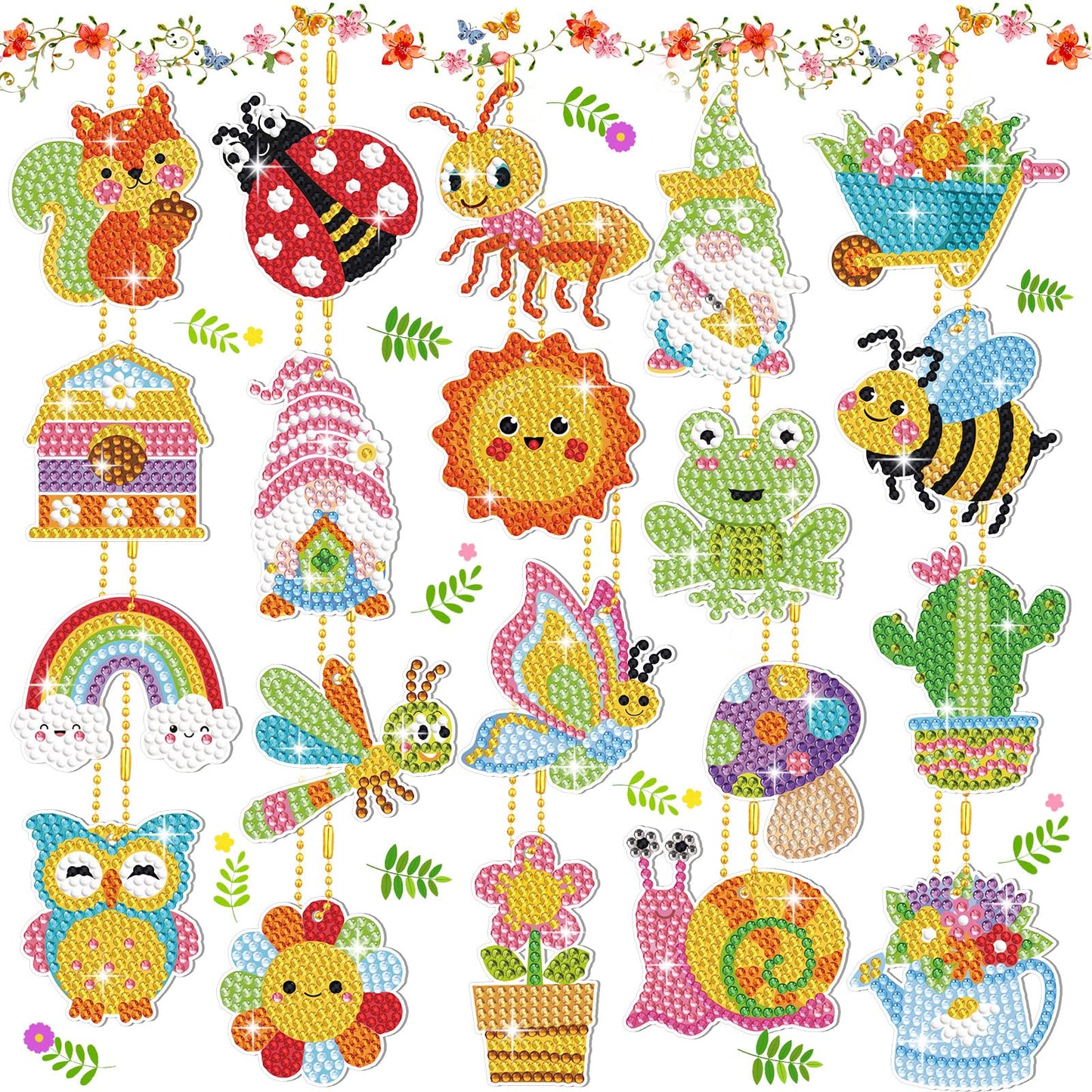 Inbagi 20 Pcs Summer Diamond Painting Keychain Kits 5d DIY Summer Diamond Art Animal Bee Frog Sun Ornaments Hanging Crafts for Family Decor Seasonal Gifts