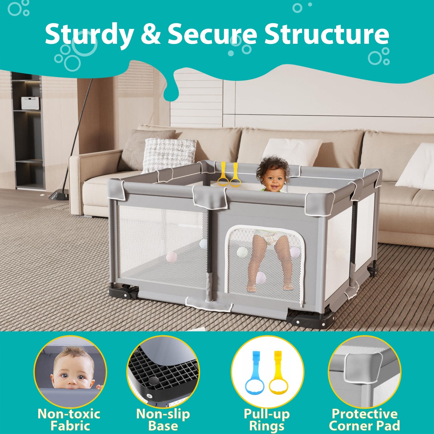 ICAREWAY Foldable Playpen for Babies and Toddlers, 50x50 Inches Portable Playpen, Kids Collapsible Play Pen with 2 Handlers, Indoor & Outdoor Baby Fence Play Area with Visible Mesh, Light Gray