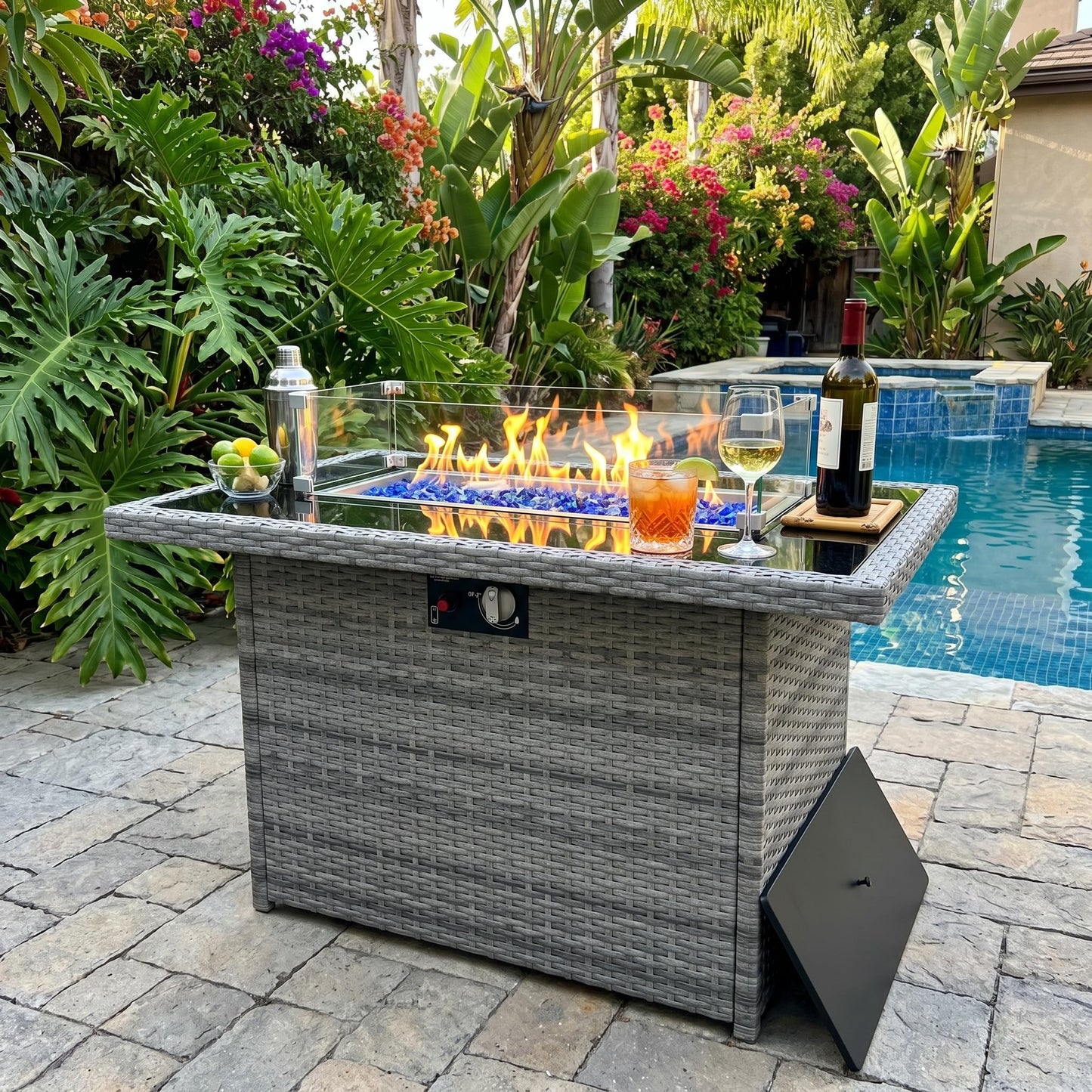 Propane Fire Pit Table, 44" Outdoor Gas Fire Pit with Glass Wind Guard & Waterproof Cover