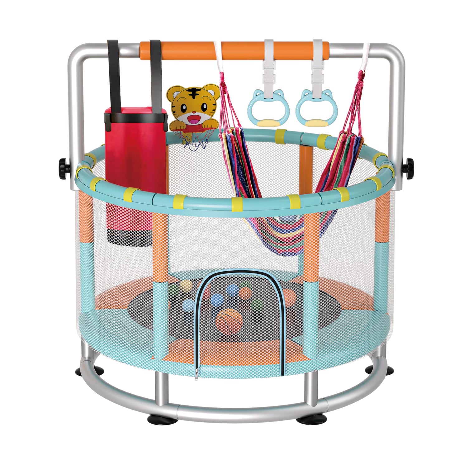 KINETRA 55" Kids Indoor Trampoline with Safety Net, Adjustable Gymnastics Bar & Toys – Indoor/Outdoor Toddler Play Gym for Boys & Girls Ages 3+, Birthday Gifts (Emerald Bounce)