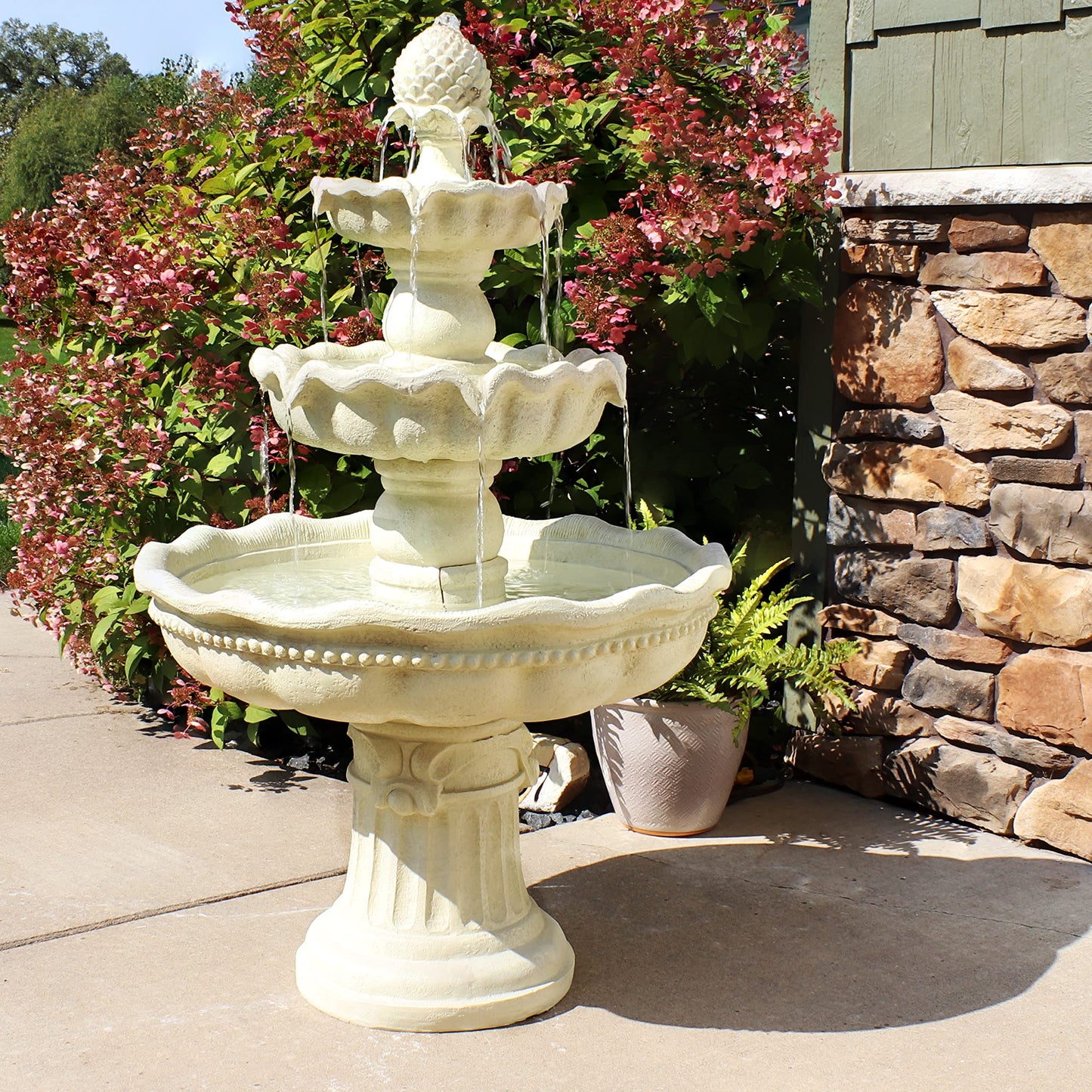 Sunnydaze 51-Inch Electric Water Fountain - Outdoor Water Feature - 3-Tier Outdoor Fountain with Pineapple Top - White
