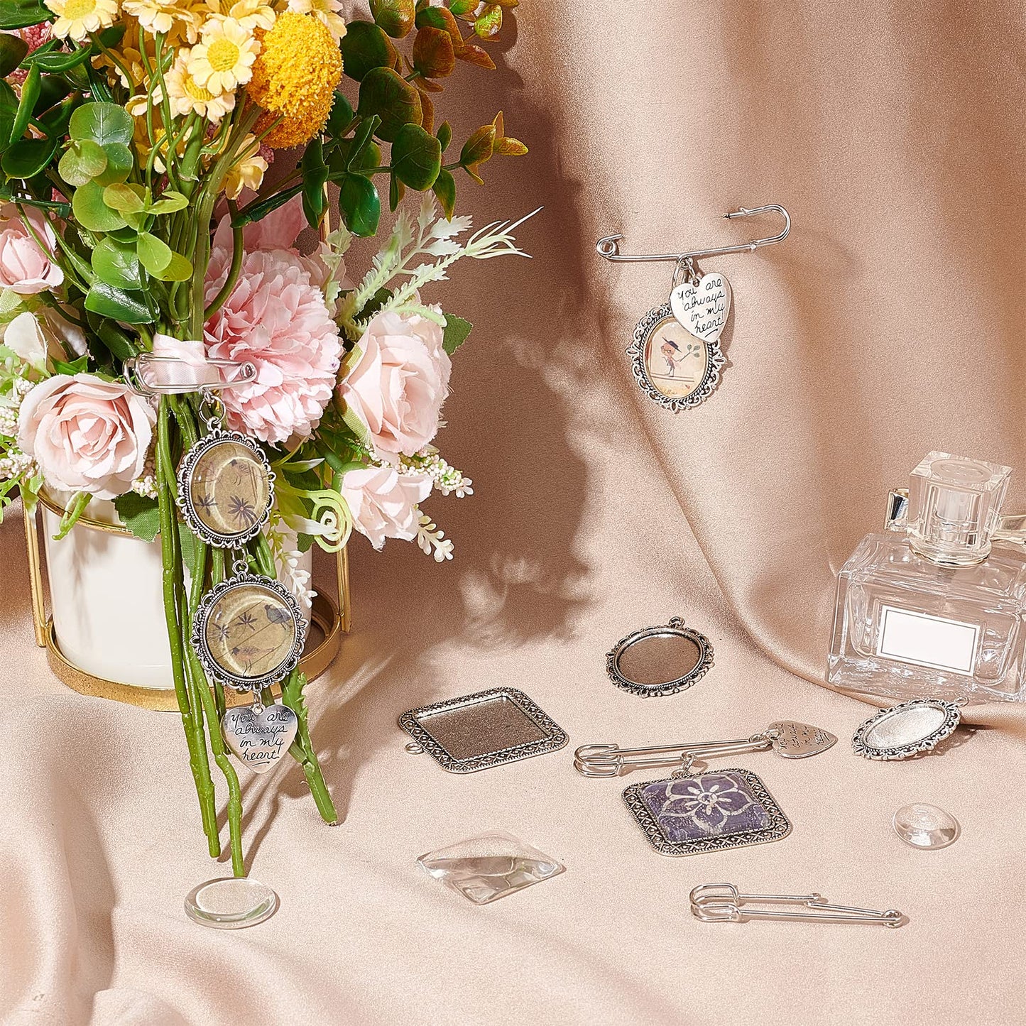 SUNNYCLUE 1 Box 65Pcs Wedding Bouquet Charms Memorial Picture Charm Oval Round Square Brooch Pins Glass Cabochons Silver Heart Pendants for Jewelry Making Women Men DIY 10Pcs Brooches Supply