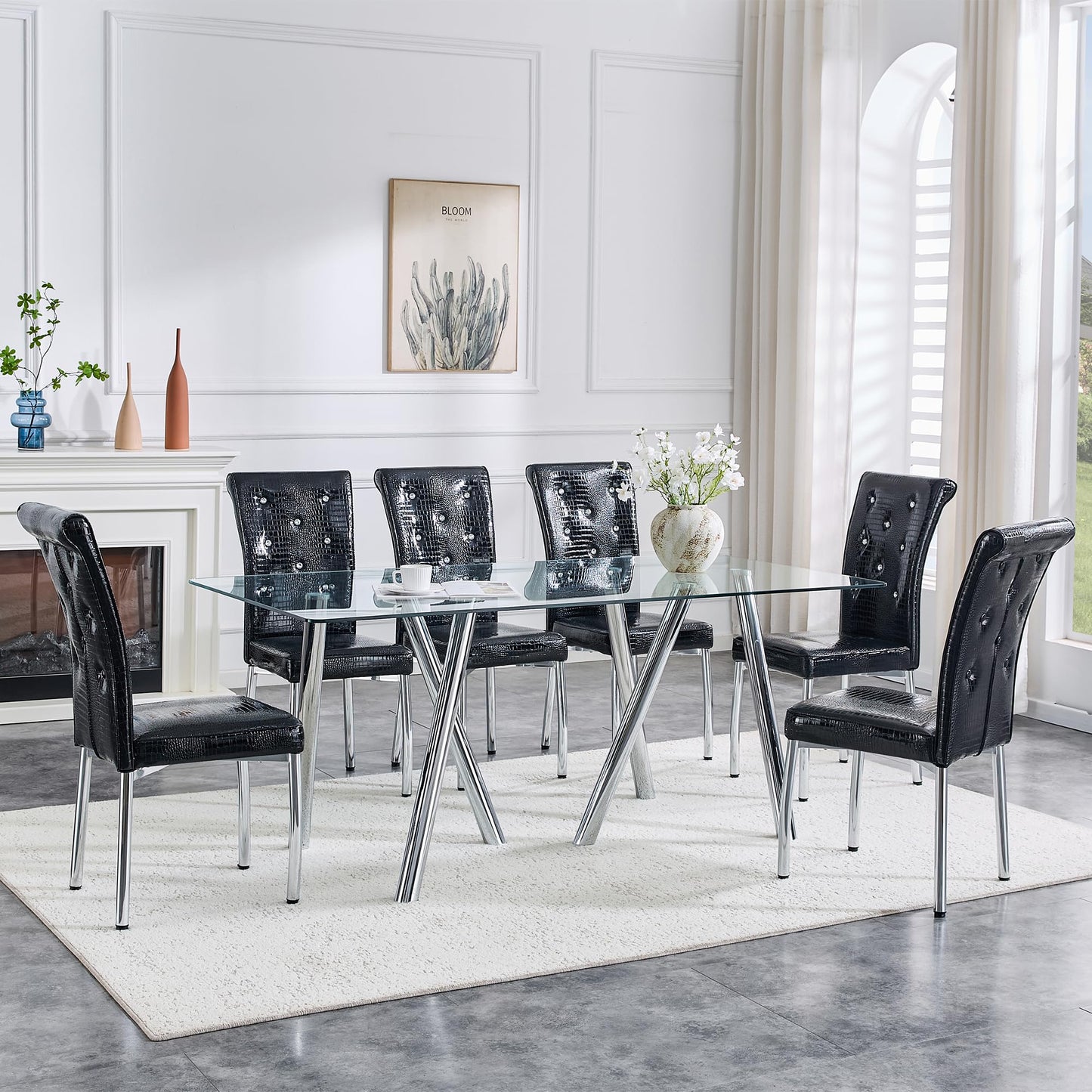 Vohward 71" Glass Dining Table Set for 6, 7 Piece Modern Tempered Glass Dining Room Table with 6 Black Upholstered Chairs, Rectangular Kitchen Table Set with Chrome Metal Legs, 400 lb Capacity