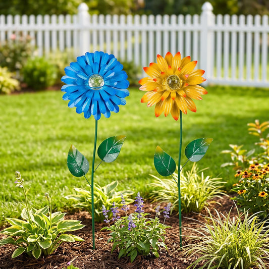 Topadorn 25 Inch Floral Garden Stake Decor,Outdoor Plant Pick Water Proof Metal Flower Stick for Lawn Yard Patio,Pathway Ornament,Set of 2