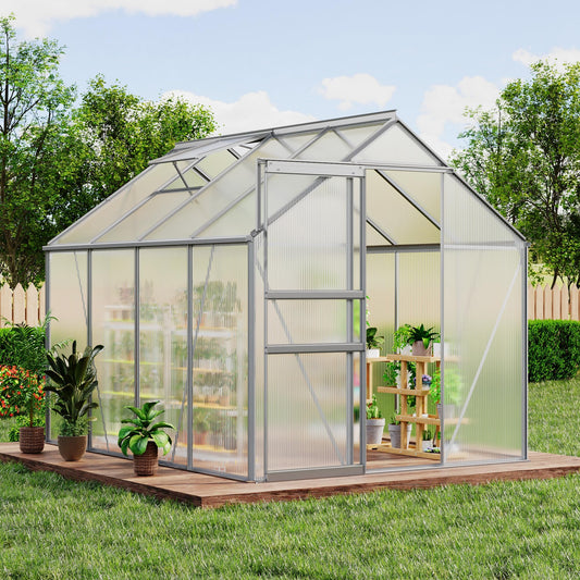 GAOMON Greenhouses, Large Walk in Greenhouses for Outdoors and Garden Planting, Polycarbonate Greenhouse with Enhanced Aluminum Frame, Adjustable Roof Vent ＆ Sliding Door for Winter Use(White, 6*8FT)