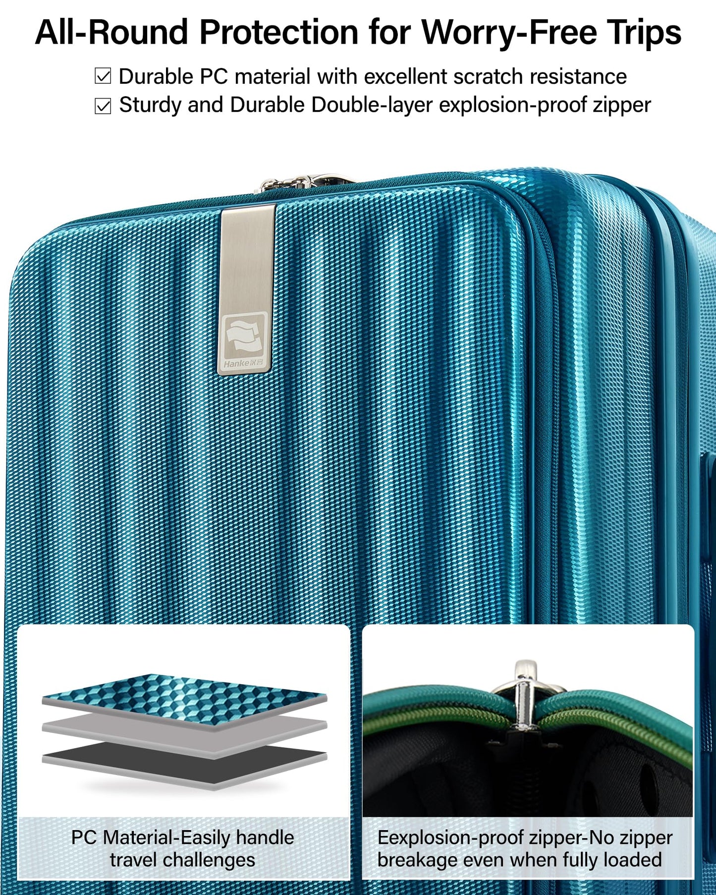 Hanke 24 Inch Expandable Luggage Top Opening Checked Bag Luggage Hard Shell Suitcases with Wheels Lightweight Travel Luggage Medium Suitcase with Lock for Woman Men-Caribbean Blue