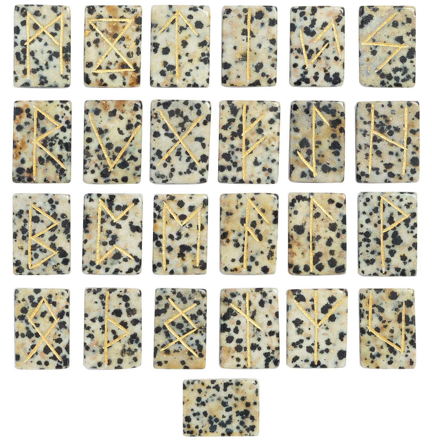 Crocon Dalmatian Jasper Rectangle Shape Gemstone Runes with Elder Futhark Alphabet Engraved 25 pcs Rune Set Crystal Divination Metaphysical Healing Chakra Reiki Runes Set with a Pouch Size : 20-25mm