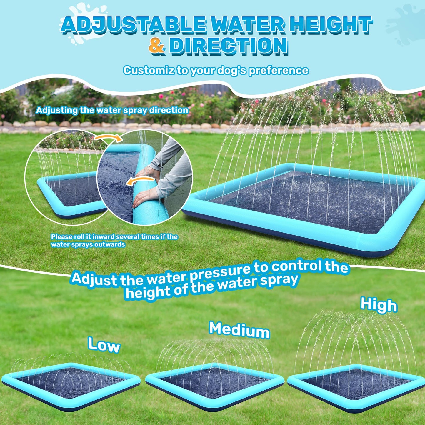Bilibara 107'' Splash Pad for Dogs, Non-Slip Sprinkler for Kids, Square Splash Pad for Kids Ages 4-8, Splash Pads for Toddlers 1-3, Dog Sprinkler Shallow Pool, Outdoor Water Toys for Backyard, Teal