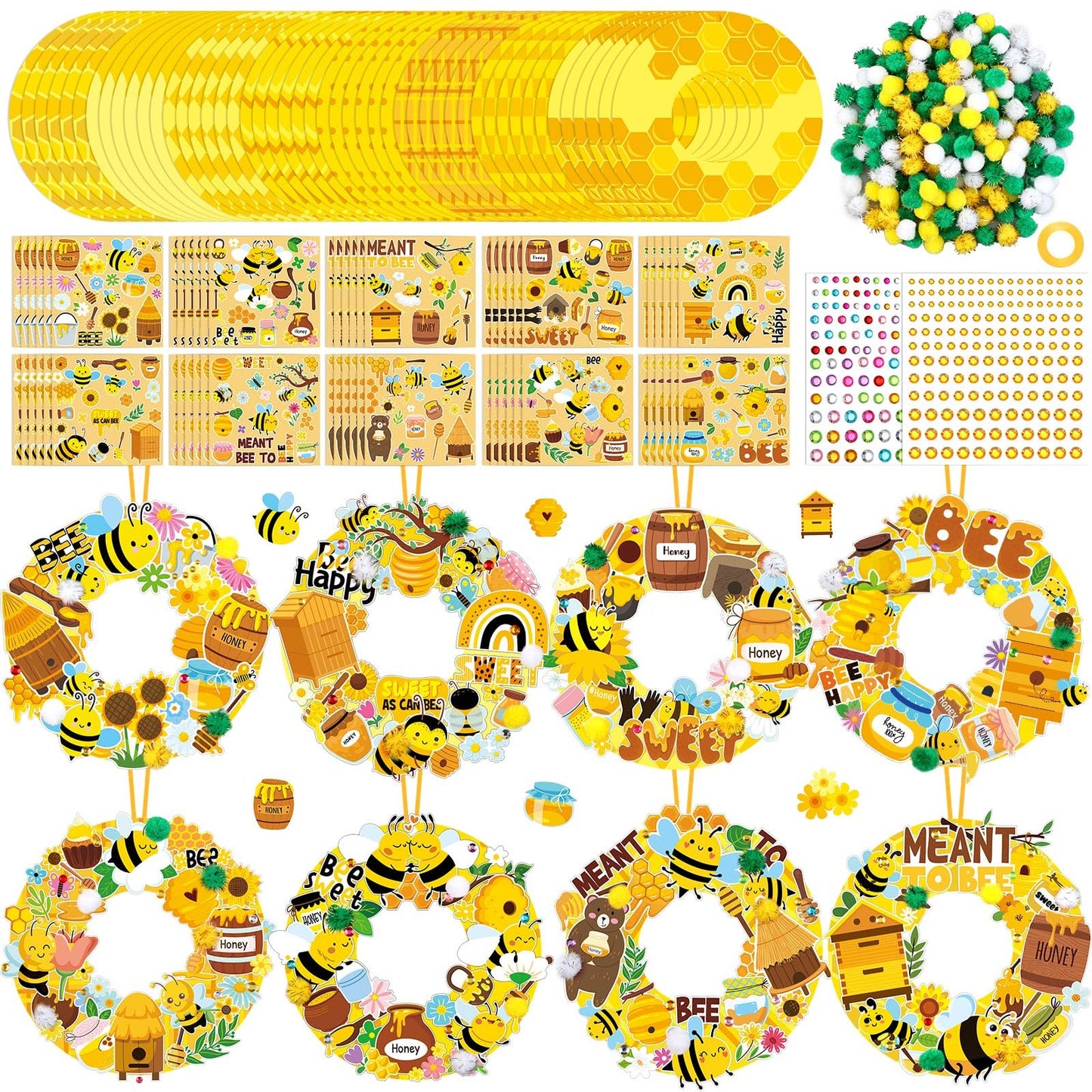 Hollowfly 48 Sets Bee Wreath Crafts Kits DIY Honey Bee Wreath Hanging Ornaments Make Your Own Paper Honeybee Craft with Sunflower Honey Flower Stickers for Summer Home Party Favors Activities