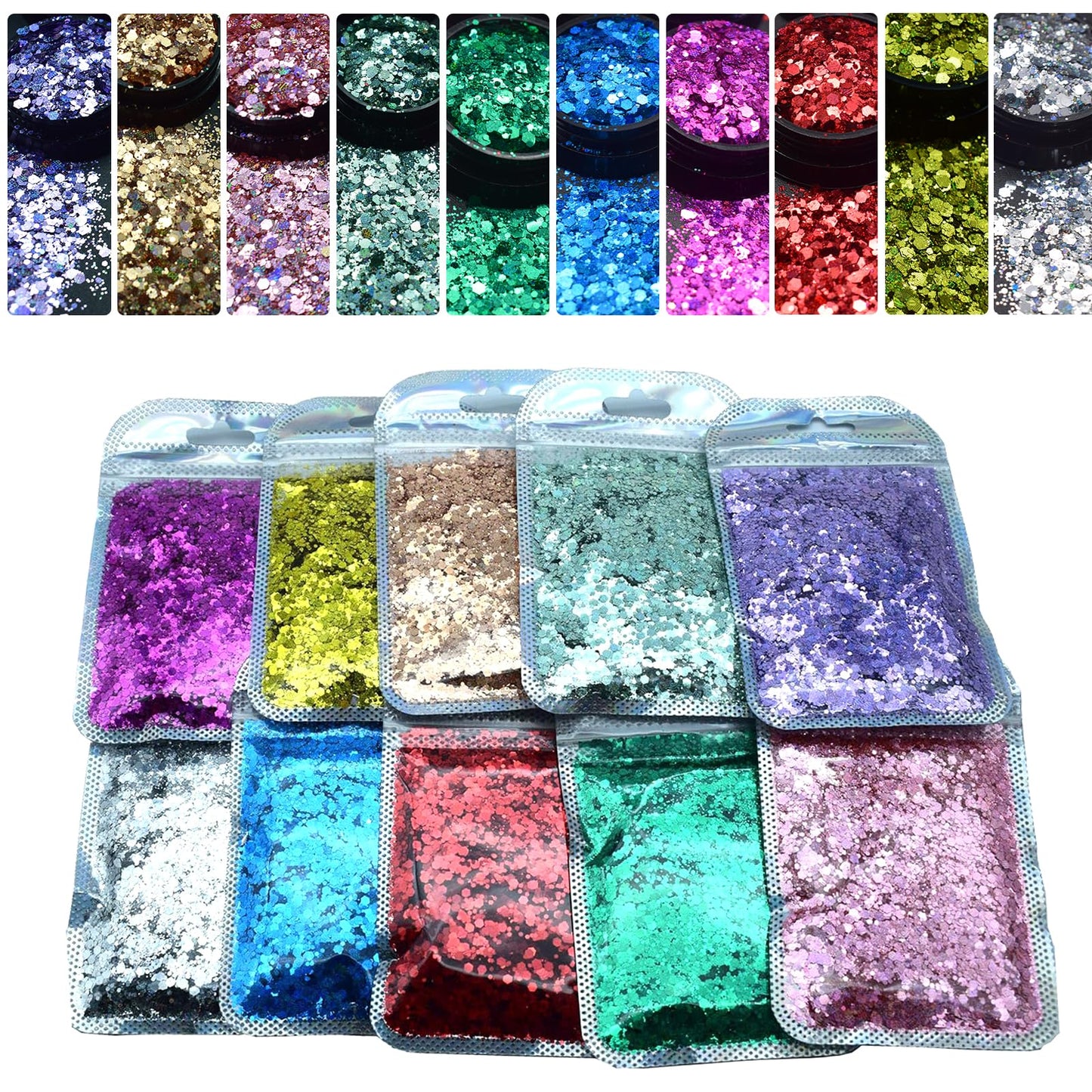 10 Bags Chunky Glitter, Foluvinzzis Holographic Hexagon Crafts Sequins Mix Glitter for Tumbler, Resin, Epoxy, Slime, Holiday Decoration, Nail Arts, Printing, Face, Hair, Makeup