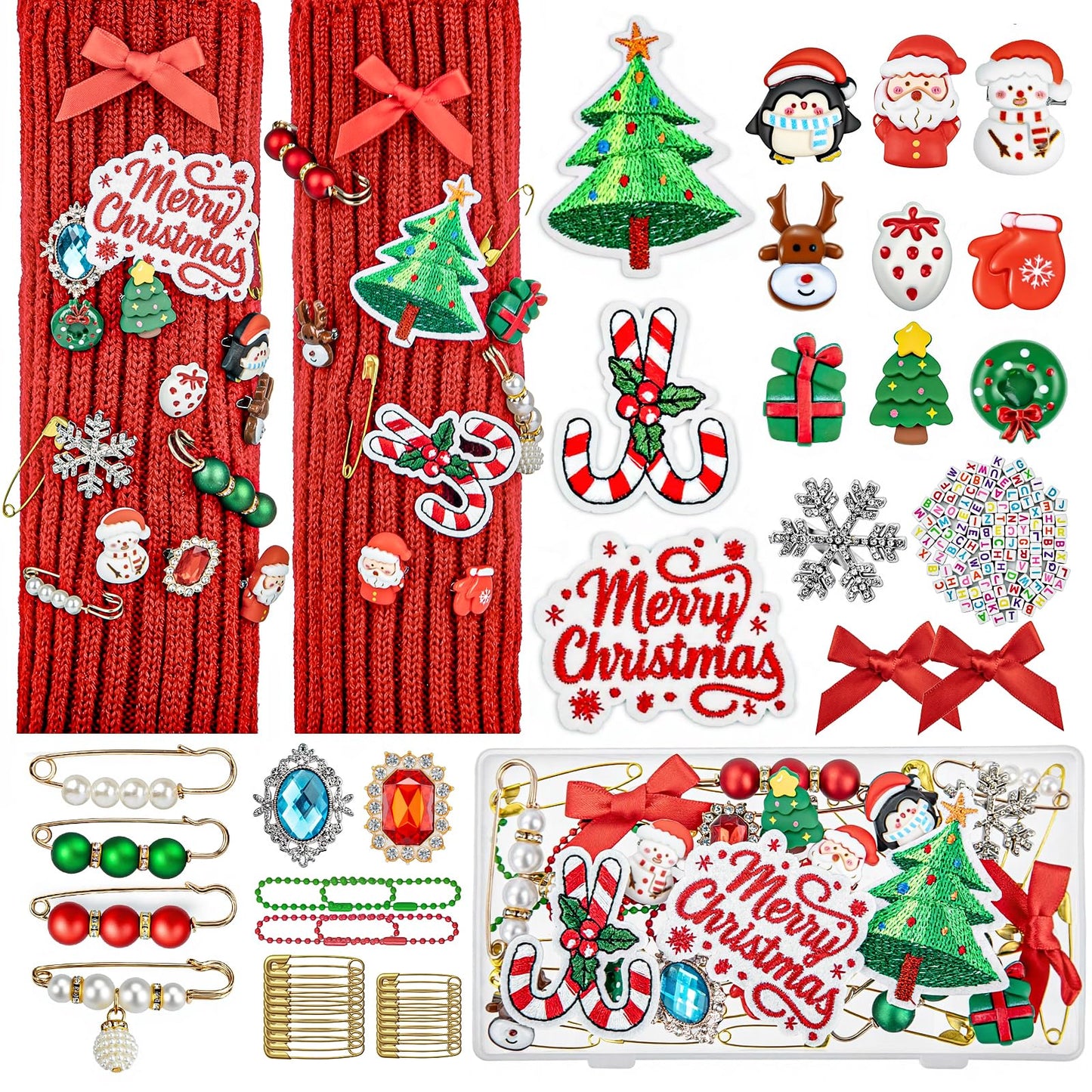 RQAYE 168Pcs Christmas Junk Socks Charms Kit, Gold Brooches and Pins for Women,Pearl and Rhinestone Shoe Charms with Safety Pins for Holiday Decoration