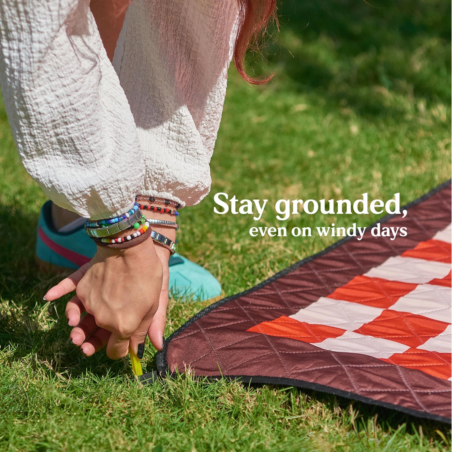 Cozy Club Waterproof Picnic Blanket – Foldable Outdoor Mat 60x70 with Stakes, Pocket & Shoulder Strap | Sandproof Beach Blanket for Festivals, Camping & Travel | Self-Packing | Terracotta | US Brand
