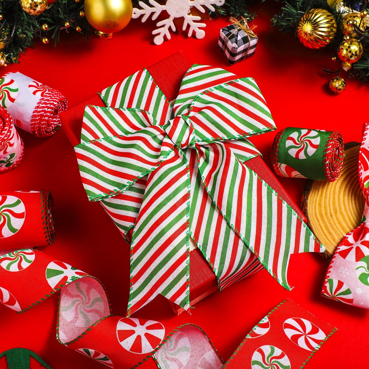 Yingzhao 6 Rolls 30 Yards Christmas Candy Peppermint Wired Edge Ribbon Burlap Red Green Candy Cane Fabric Craft Ribbon for Christmas Tree Decoration Gift Wrapping Wreaths