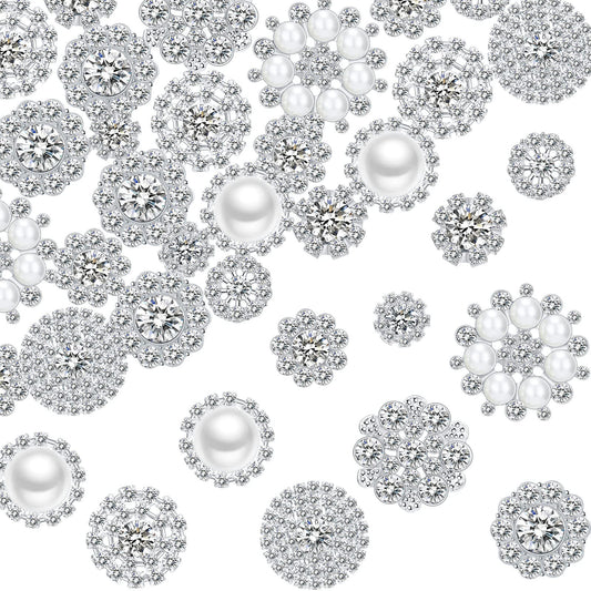 50 Pcs Faux Pearl Buttons Rhinestones Embellishments Retro Flatback Vintage Buttons with Faux Pearls Crystal Flower for DIY Crafts Jewelry Wedding Party Home Decor(Silver)
