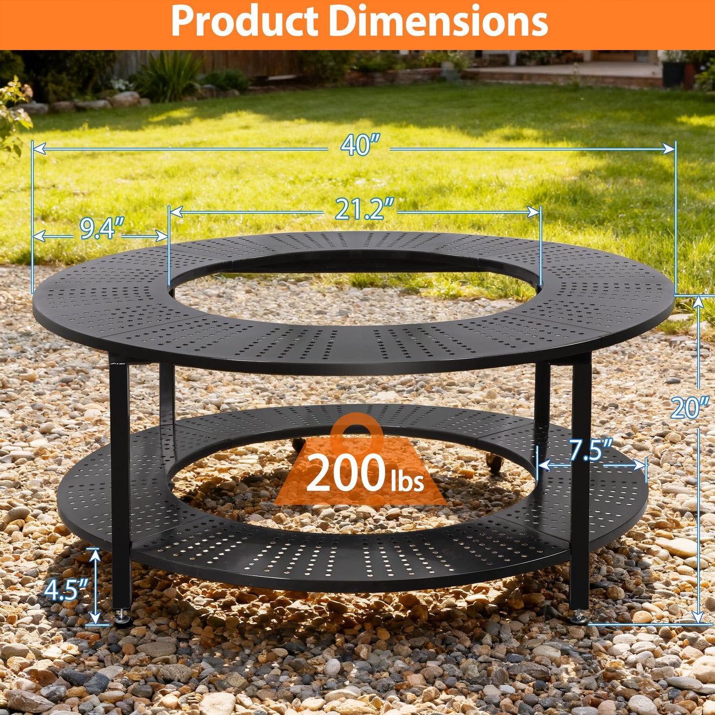 Chintooler 40 Inch Compact Fire Pit Surround Tabletop for Solo Stove Ranger & Tiki 20, Outdoor Patio Stand with Firewood Storage Shelf, Heavy Duty Steel, 200LB Capacity