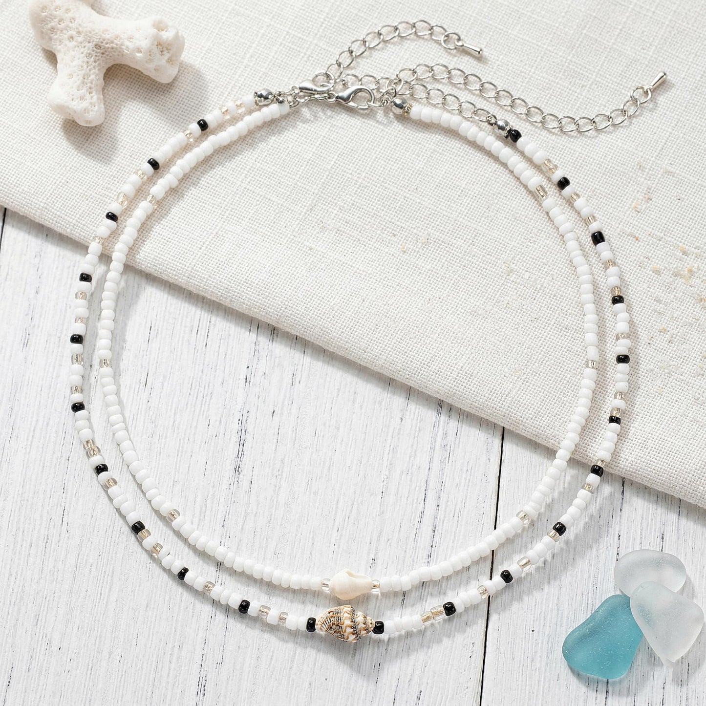 Lameybrt Cowrie Shell Surfer Necklaces, Hawaiian Beach Handmade Choker Set for Women, White Rice Bead with Black Accents, Bohemian Summer Seashell Choker 2 Piece Set, Perfect for Summer Beach Vacation, Birthday, Mother’s Day & Holiday Gifts (Shell 1)