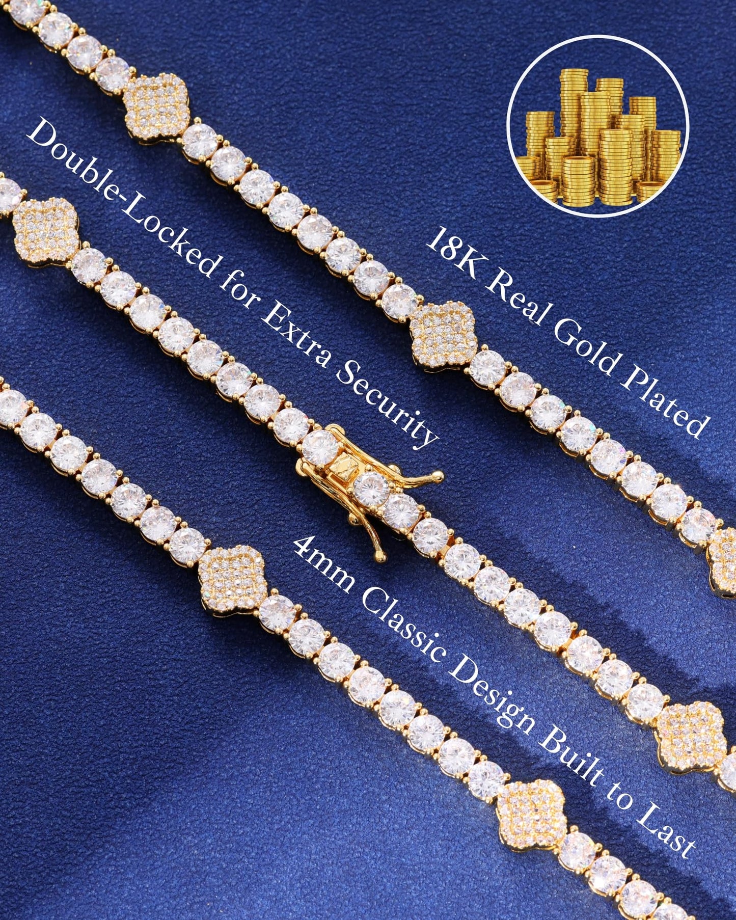 LuxeFlex 4mm Iced Out Clover Tennis Bracelet, White Gold Plated with 5A Zircon Stones, Handmade exquisite Hip Hop Jewelry, Perfect Unisex Gift (Gold-All stone,7)