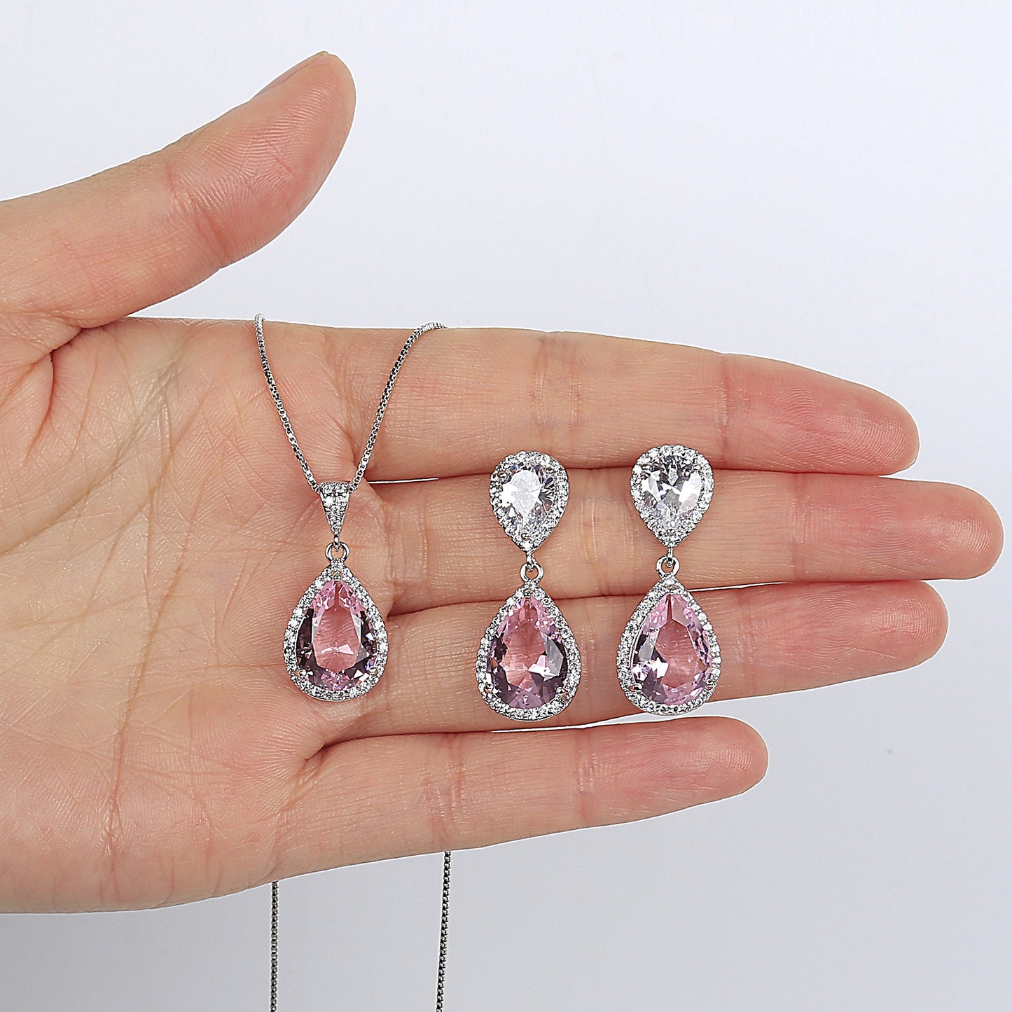 AMYJANE Wedding Jewelry Set for Bridesmaids - Women's Elegant Sterling Silver Pink Teardrop Crystal Cubic Zirconia Rhinestone CZ Necklace Set Bridal Party Prom Jewelry Sets