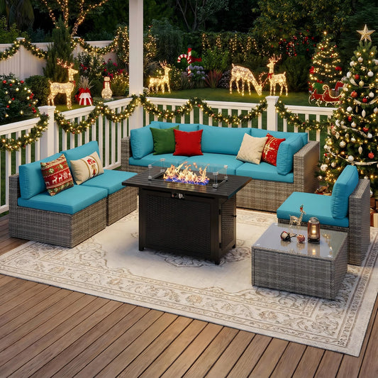 Wisteria Lane 8 Pieces Outdoor Patio Furniture Set with 43" Fire Pit Table, Wicker Outdoor Patio Sectional Sofas with Coffee Table, All-Weather Patio Conversation Set for Backyard Garden, Light Blue