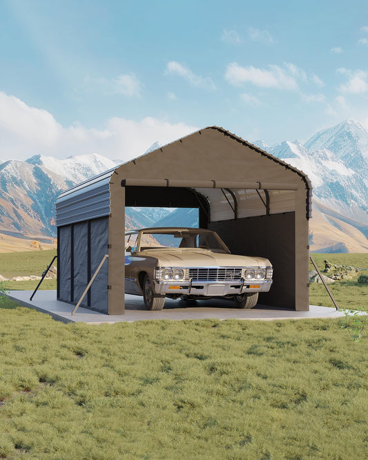 Garvee 10'X15'X9' Metal Carport, Enclosed Car Ports with Heavy Duty Steel Frame and 220 g Tarp, All-Weather Carport, for Sedans, Boats, and Tractors