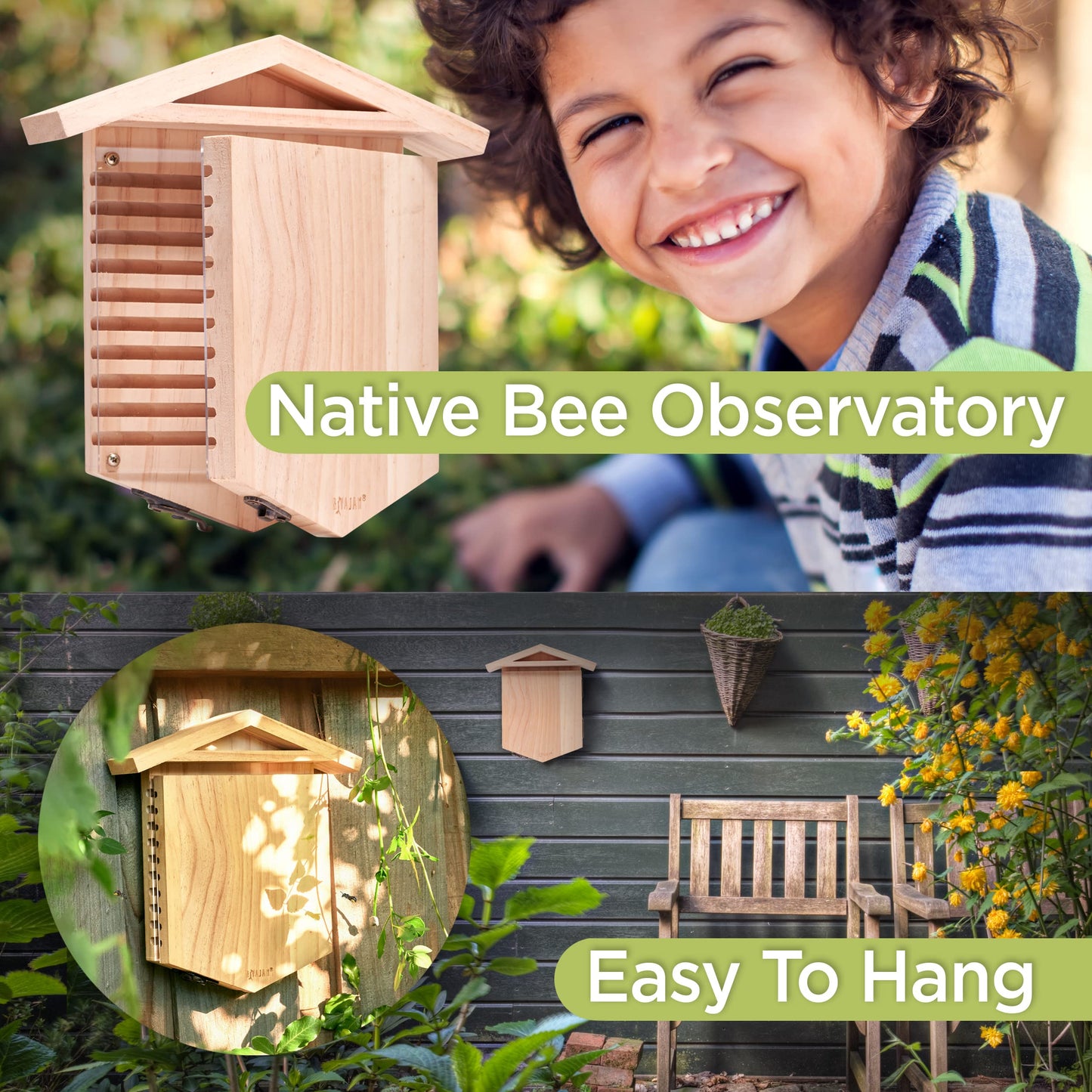 Rivajam Native Bee Observatory | Mason Bee Houses for Pollinating Bees | Pollinator Bee Houses for The Garden Lover | Leaf cutter Bee Home | Unique Gardening Gifts