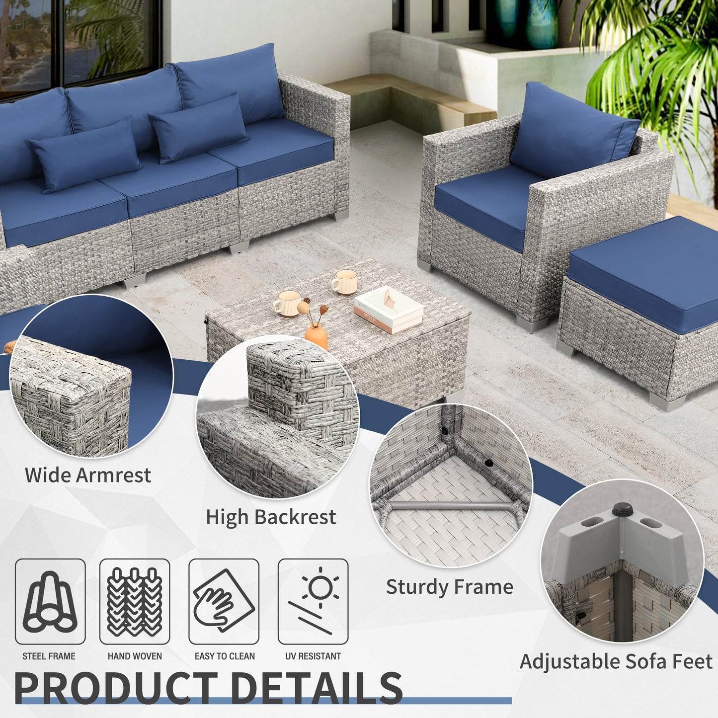 WAROOM Patio Furniture Set 6 Piece PE Rattan Outdoor Conversation Sets Grey Wicker Couch Sectional Sofa with Storage Coffee Table and Navy Blue Cushion