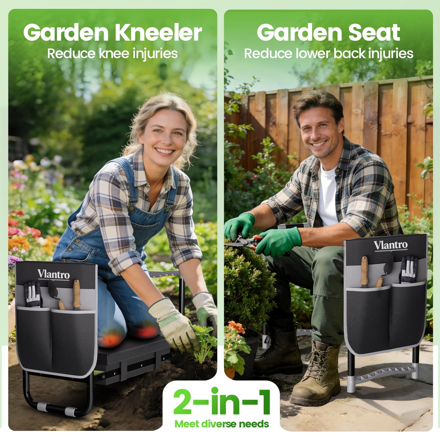 Vlantro 2-in-1 Garden Kneeler & Seat – Heavy Duty Foldable Gardening Bench, 400 lbs Capacity, Thick Removable Kneeling Pad, Waterproof Oxford Cushion, Portable Tool Pouch, for Seniors, Women, Mom