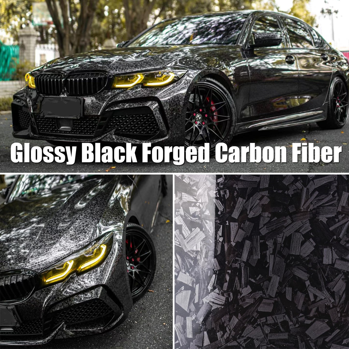 AuMoHall Black Forged Carbon Car Vinyl Wrap Glossy Black Simulated Forged Carbon Fiber Gloss Finish Car Body Film for Vehicle Interior Exterior Decoration, 59.84" x 196.85"
