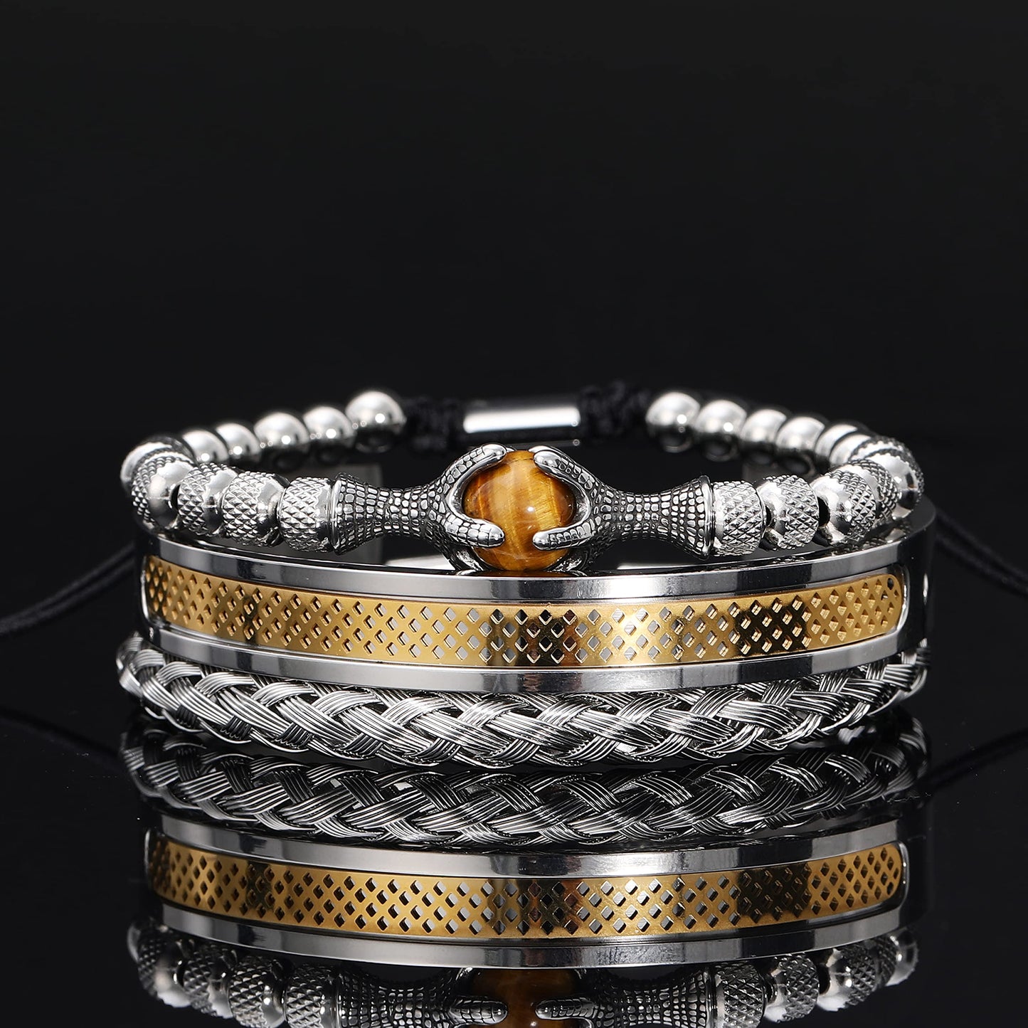 WFYOU 3PCS Stainless Steel Bracelets for Men Gold Roman Numeral Bangle Bracelet Twisted Cable Bracelet Adjustable Cuff Bracelet Mens Luxury Jewelry Bracelets Gifts(l:Gold)