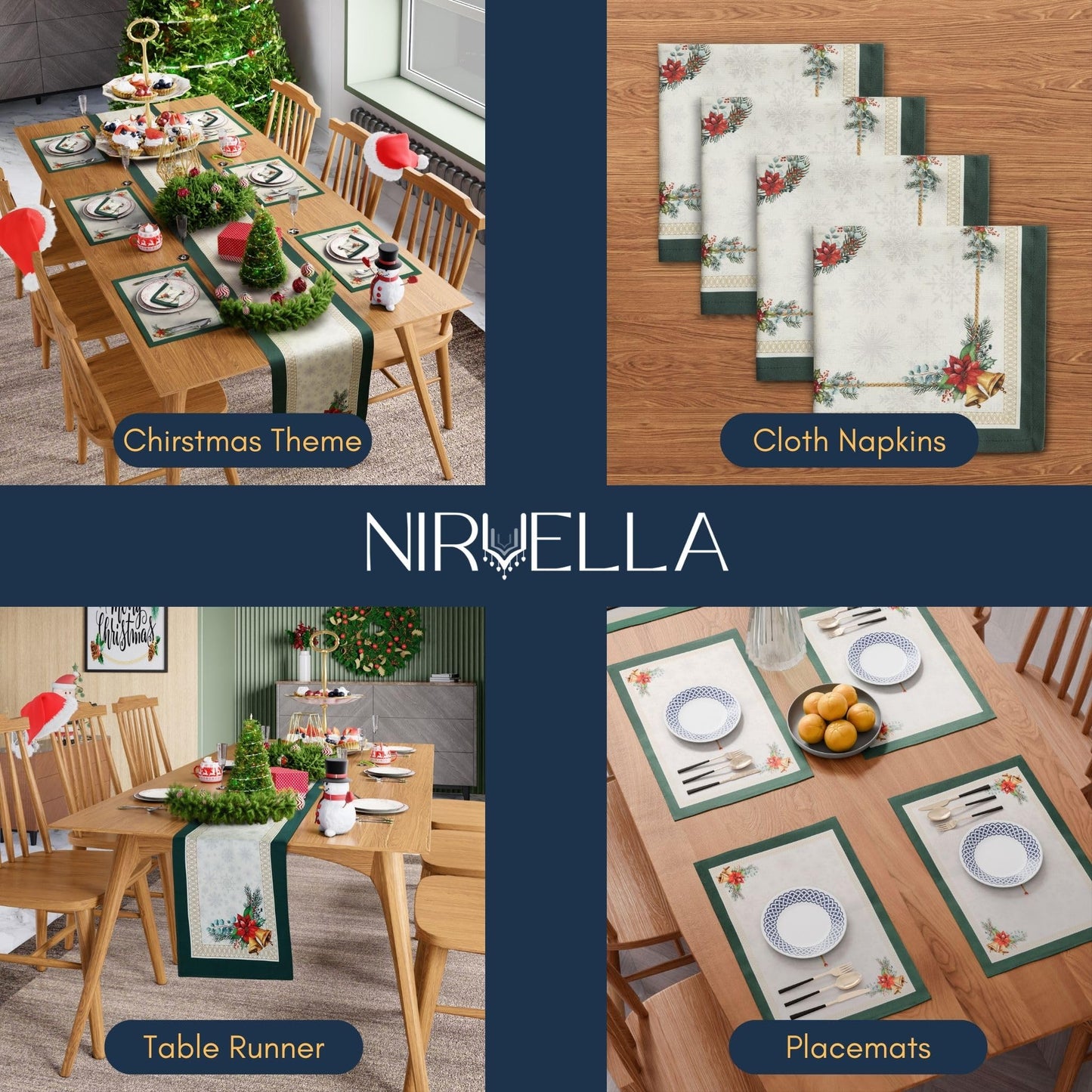 Christmas Placemats Set of 4 – 100% Canvas Cotton, Green Gold & White Floral Screen Print, Holiday & Winter Table Mats, 14x19 Inch, Washable Reusable, Gift-Boxed Sustainable Dining & Kitchen Christmas