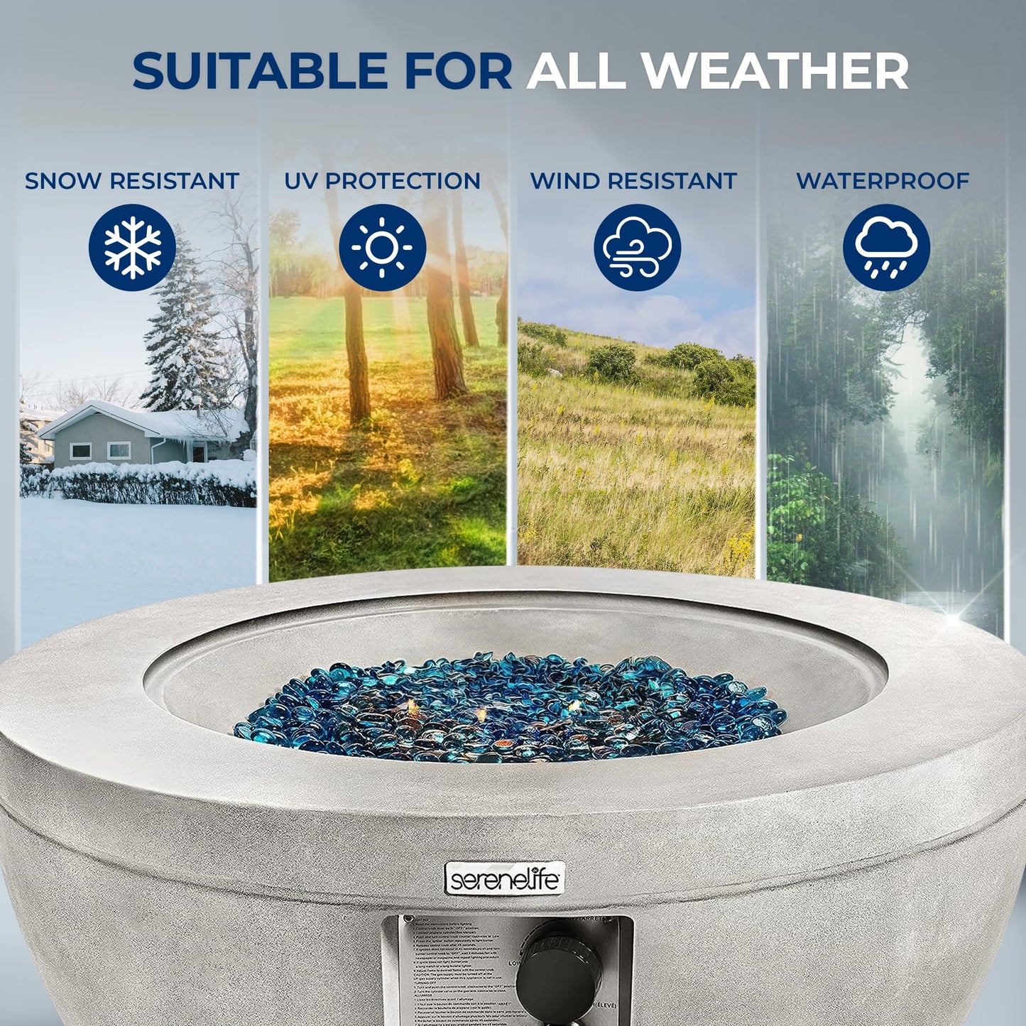 SereneLife 40,000 BTU Propane Fire Pit Table, Round Gas Fire Table with Adjustable Flame Height, Weather Resistant, Blue Glass Rocks, Safe and ETL Certified for Outdoor Use, 30" x 30" x 16.9" Inch