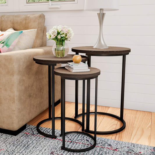 Lavish Home Nesting Tables - Set of 3 Round Side Tables for Living Room, Bedroom, or Home Office - Woodgrain-Look End Table Set - Modern Living Room Furniture (Gray/Brown)