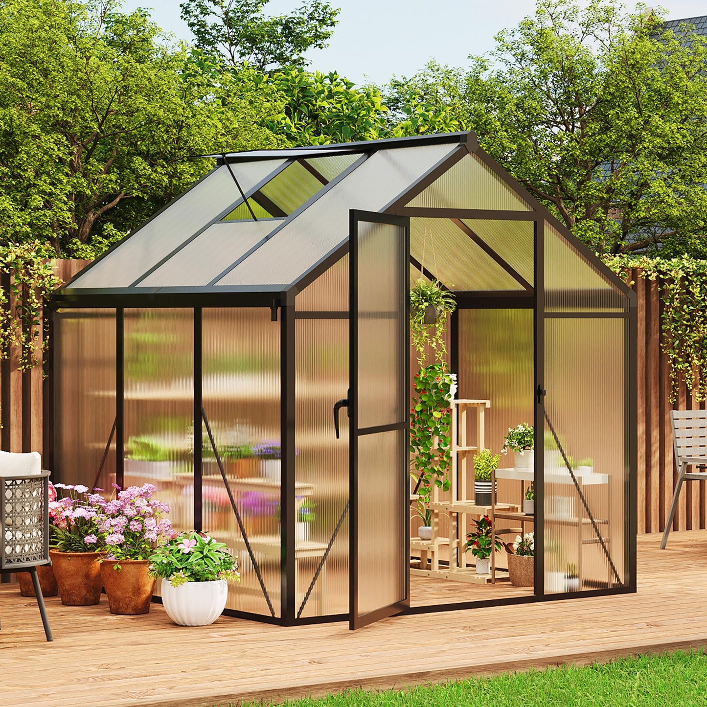 6 x 6 ft Greenhouse, Greenhouses for Outside, Polycarbonate Greenhouse with Aluminum Frame, Lockable Door and Ajustable Roof Vent for Backyard, Green Houses for Outside Garden Backyard, Patio