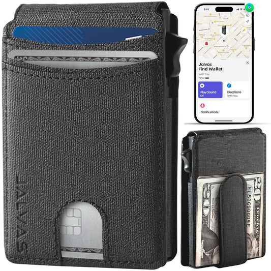 JALVAS Smart Wallet For Men With Tracker – RFID Blocking, Slim Minimalist, Works with Apple Find My (iOS), No AirTag Needed, Pop-Up Card Holder, Not For Android, Leather Money Clip – Gift for Men.
