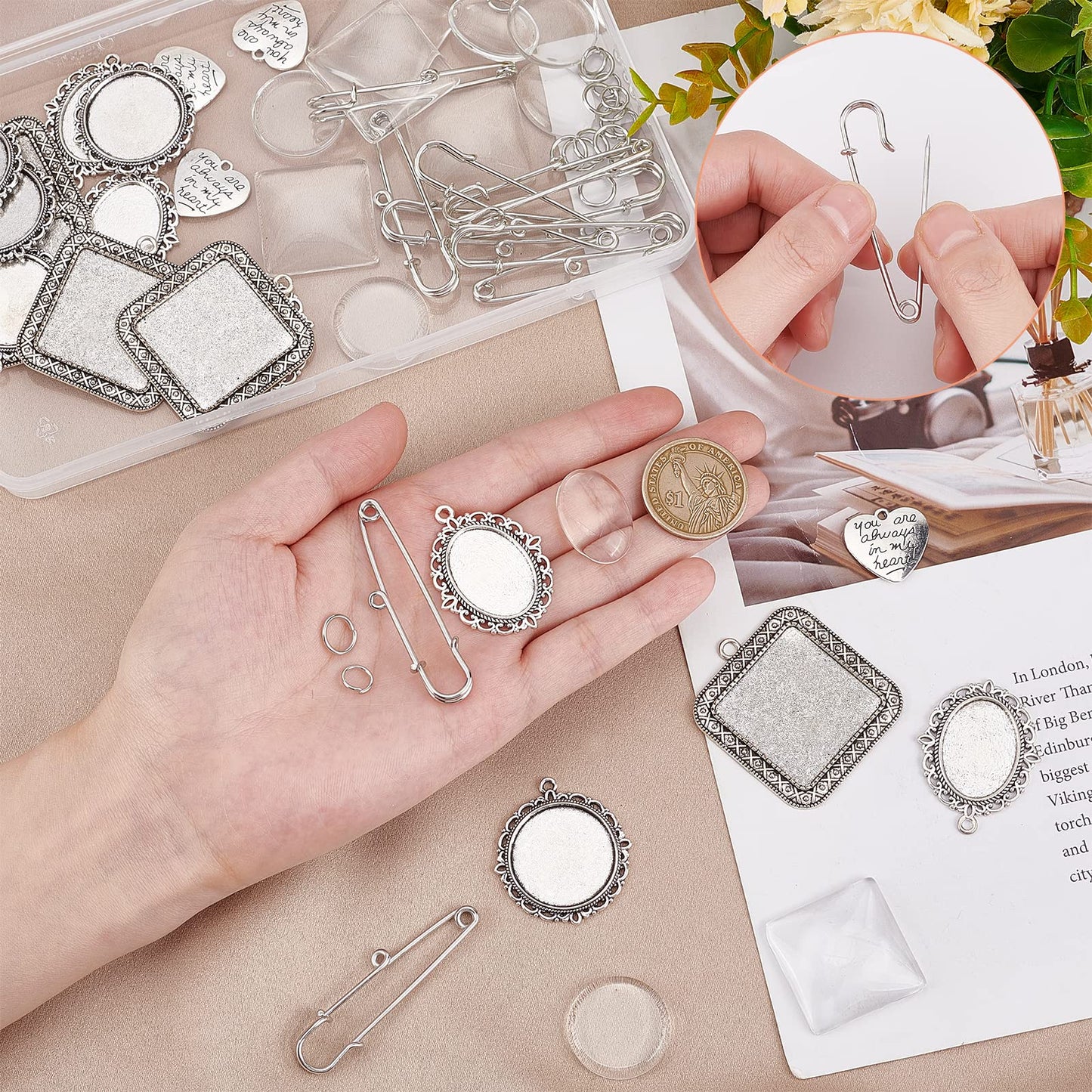 SUNNYCLUE 1 Box 65Pcs Wedding Bouquet Charms Memorial Picture Charm Oval Round Square Brooch Pins Glass Cabochons Silver Heart Pendants for Jewelry Making Women Men DIY 10Pcs Brooches Supply