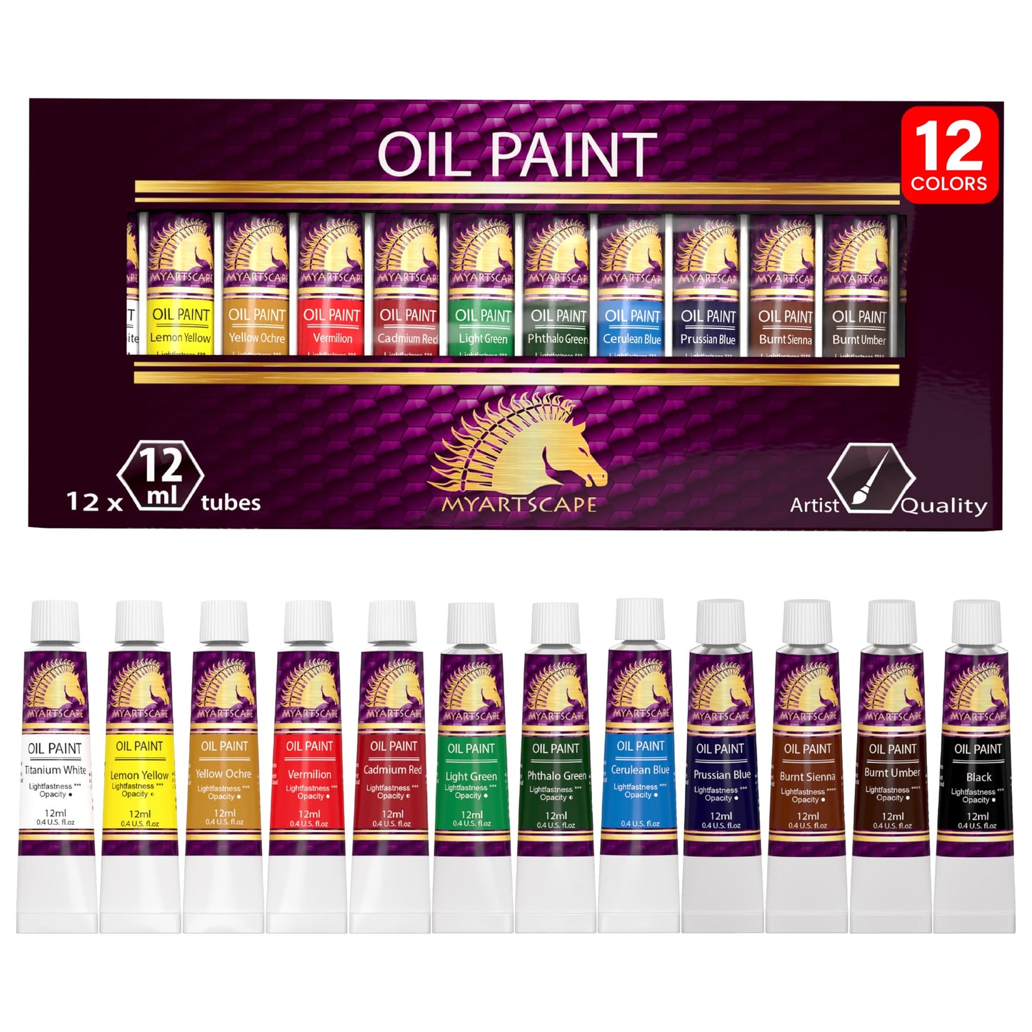 MyArtscape Oil Paint Set, 12 Colors, 12 x 0.4 fl oz (12 ml) Tubes, Lightfast Heavy Body High Pigment Oil Paints, Non Fading Vibrant Colors, Artist Quality Professional Painting Supplies