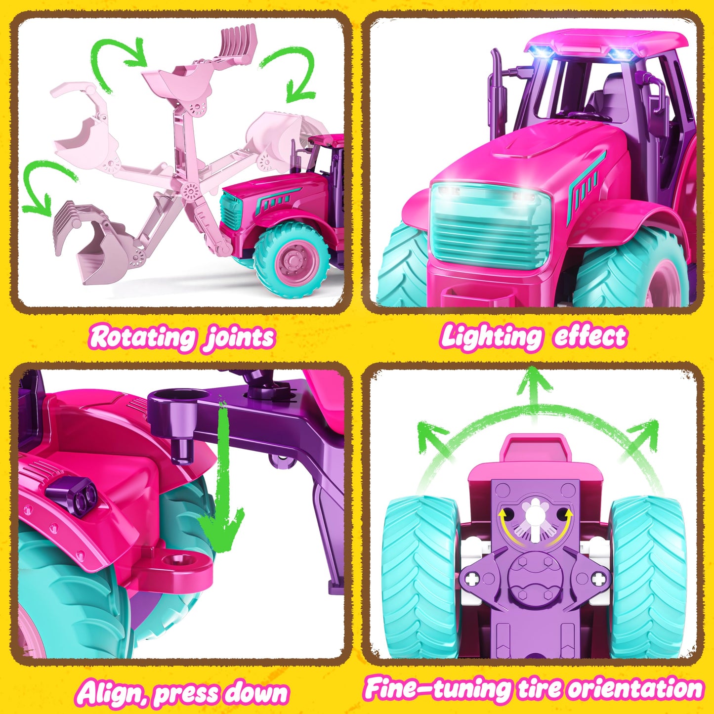 Funwee RC Tractor Toy Set with Light & Sound, Kids Farm Car Animal Trailer Wheels Remote Truck, Outdoor Vehicle Toys for 3-7+ Years Old Toddler Boy and Girl Gift(Rose red)