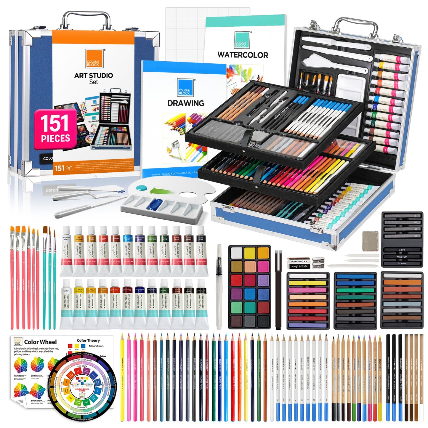 COLOUR BLOCK 151-Piece Professional Art Supply Set with Mixed Media, Paint Kit & Brushes in Aluminum Case, Complete Art Supplies for Adults, All Level Artists, Travel Art Set