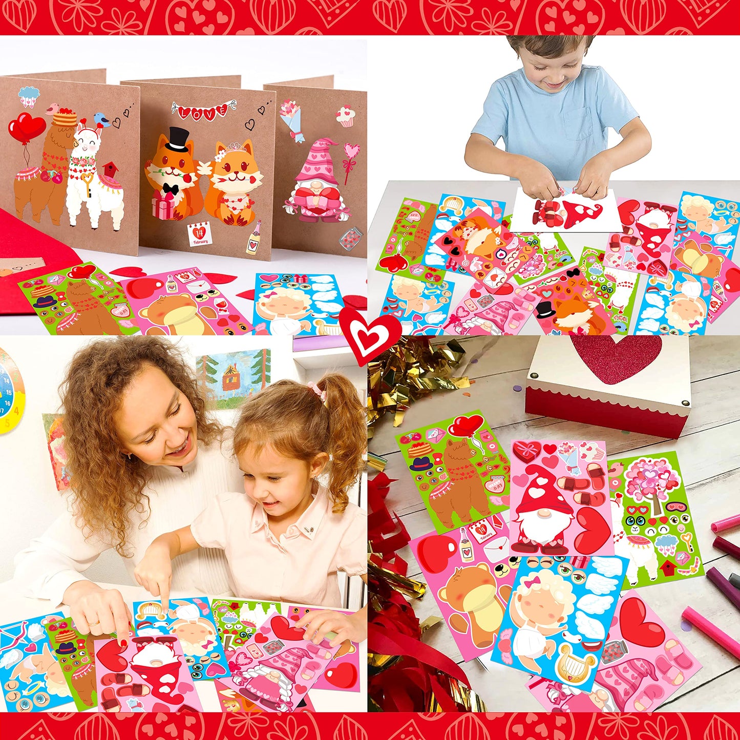 70Sheets Valentines Stickers Crafts for Kids - Make-A-Llama/Bear/Fox/Cupid/Gnome Face Sticker- Valentine's Day Gifts Goodie Bag Stuffer School Classroom Activity Games Party Favors (Small Size)