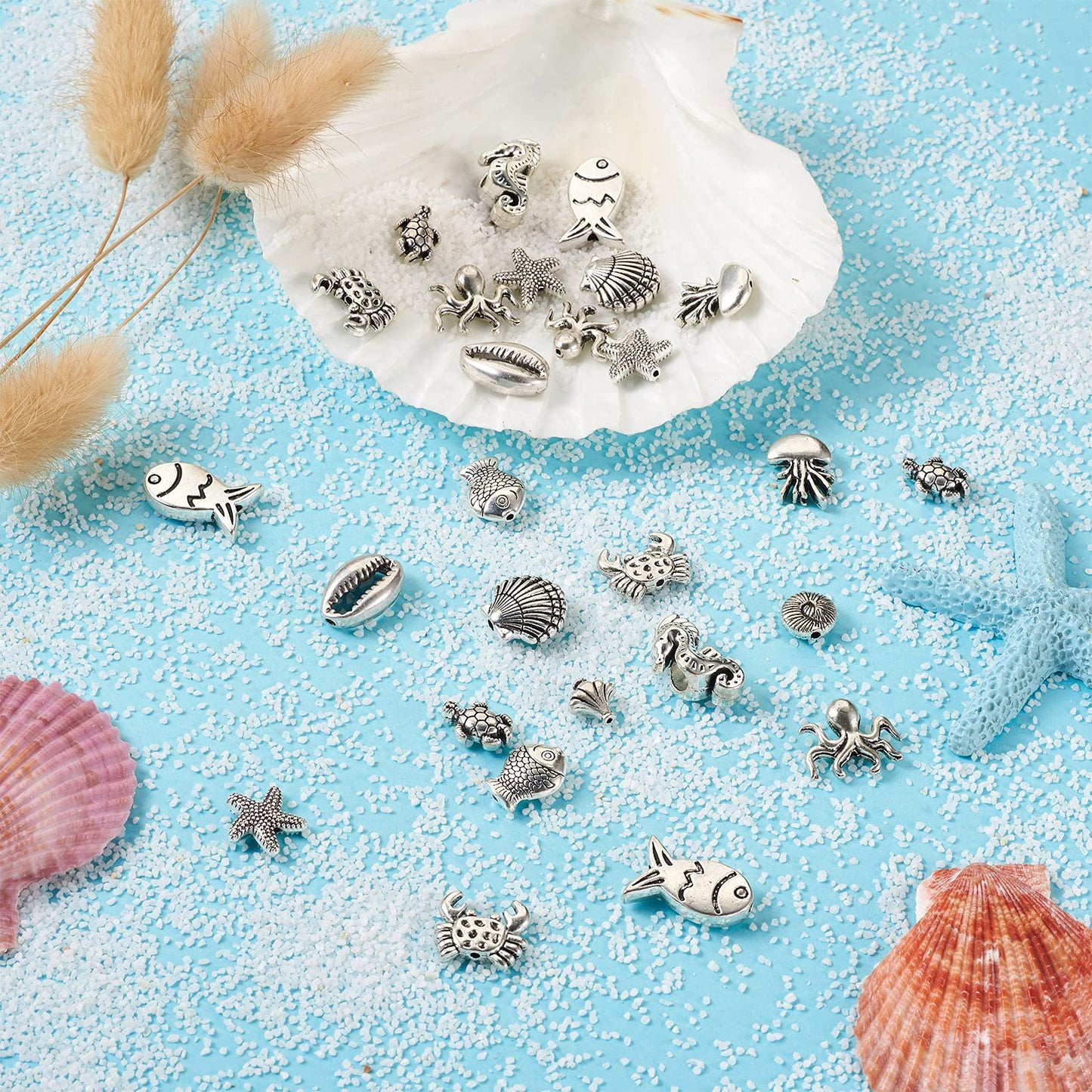 Fashewelry 60pcs Ocean Animal Tibetan Loose Spacer Beads Turtle Shell Fish Antique Silver Sea Life Creatures Alloy Western Beads for Necklace Bracelet Earring Craft Jewelry Making Supplies