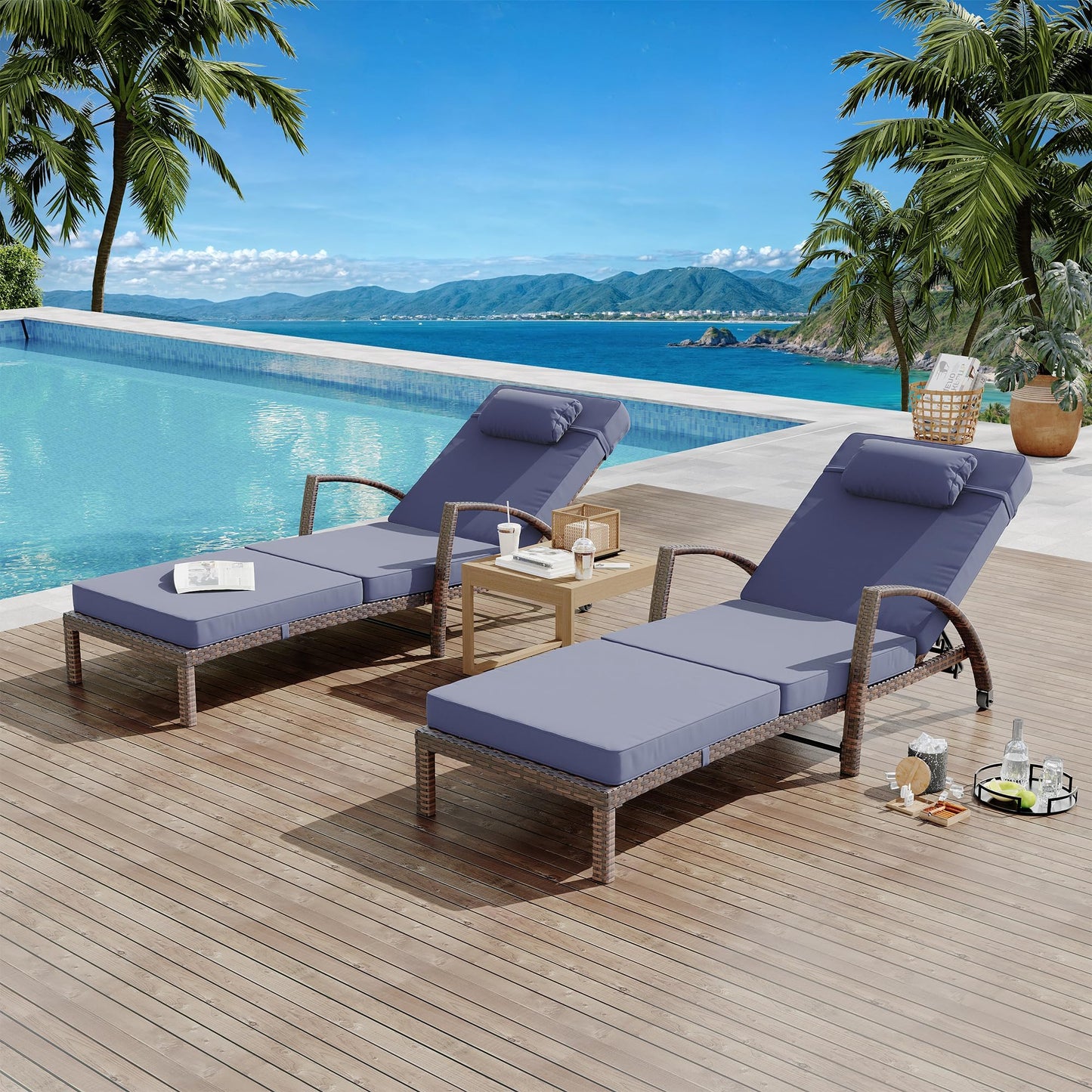 Set of 2 Chaise Lounge Chairs Outdoor, PE Rattan Wicker Poolside Recliners with 5-Position Adjustable Backrest, Blue Cushions, Armrests and Wheels, Patio and Garden Furniture for Beach and Backyard