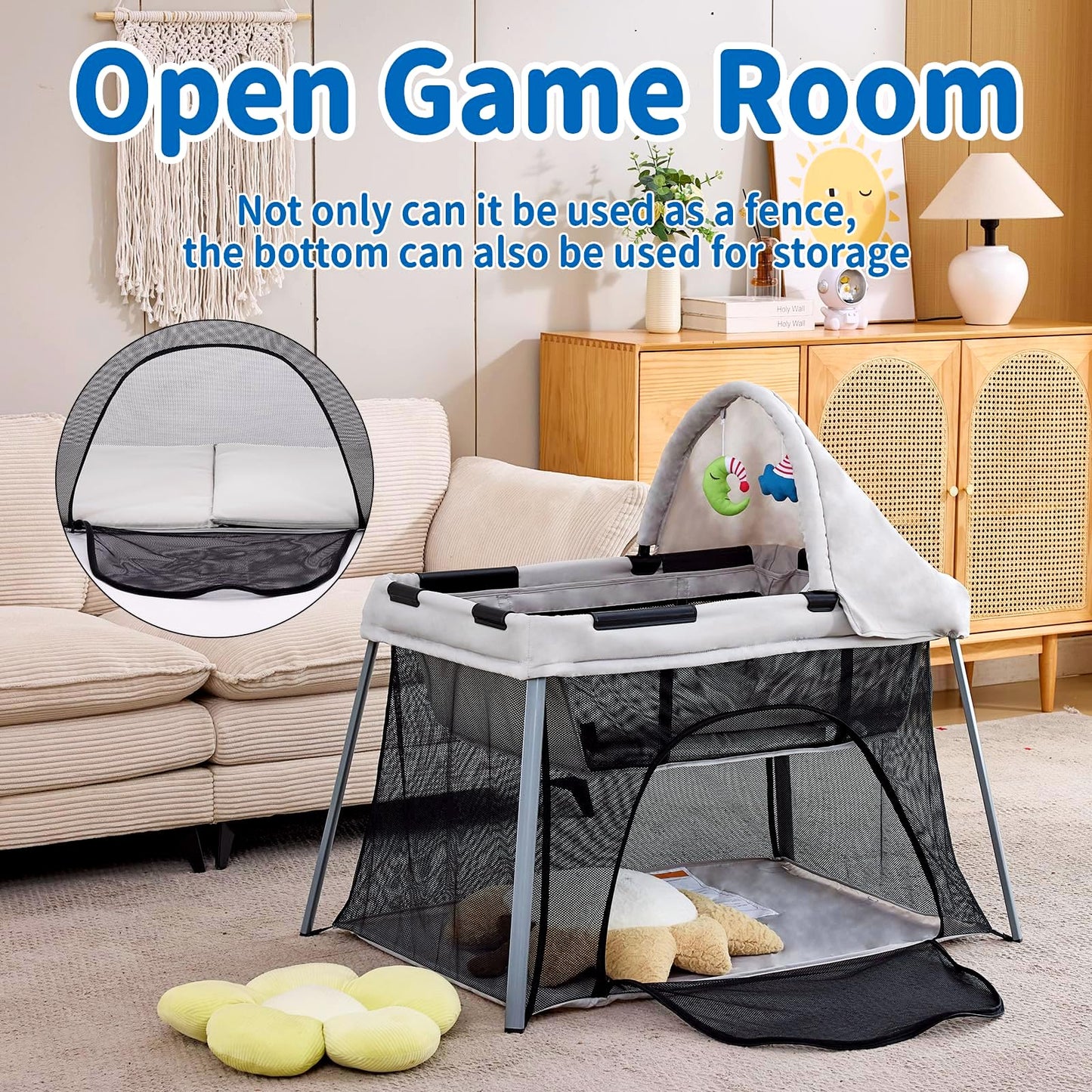 Portable Travel Crib for Baby & Toddler, Gentle Monster Lightweight 2 in 1 Baby Travel Pack and Play Bassinet with Mattress and Sunshade, Foldable Travel Crib Mini Playpen Playard for Indoor Outdoor