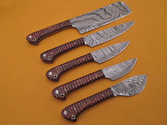 5 pieces Custom made hand forged Damascus steel blade kitchen knife set, Brown jigged scale, Overall 45 inches Length of Damascus sharp knives (10.6+9.6+9.0+8.0+7.6) Inches, Leather suede sheath