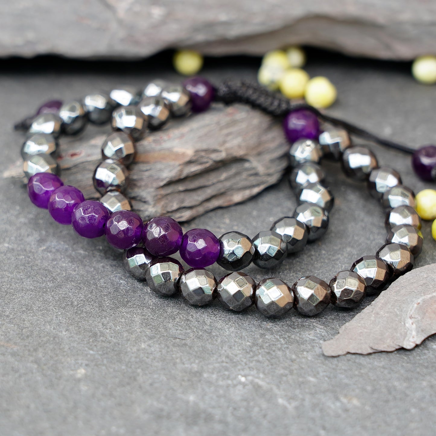 Crystal Bracelet, Hematite & Amethyst Chakra Healing Crystal Bracelets for Men & Women, Spiritual, Positive Energy & Balance, Handmade 8mm Crystal Beads Adjustable Bracelets by Karma Pledge