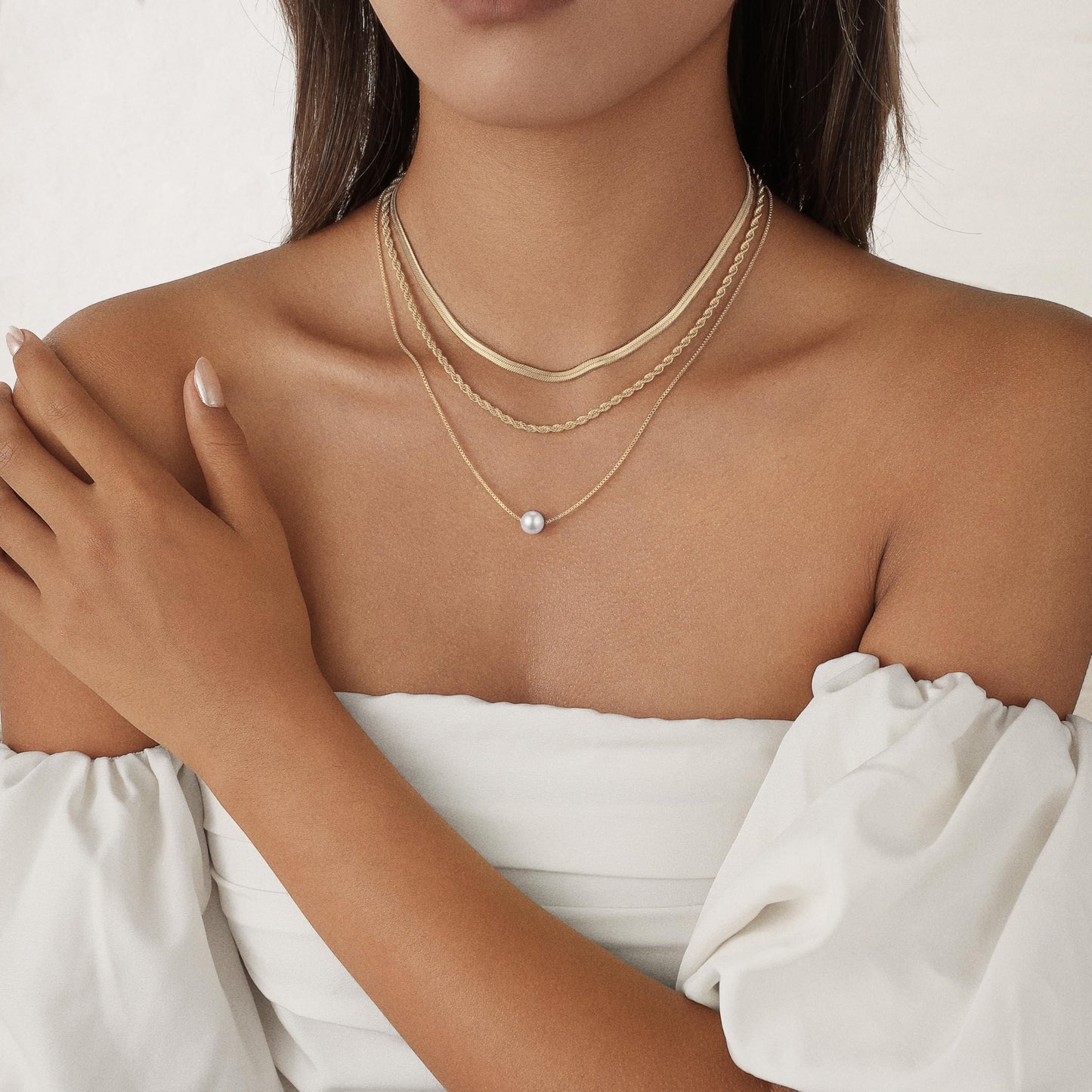 Hothrty Gold Pearl Necklaces for Women Dainty 14K Gold Plated Herringbone Twisted Chain Choker Necklace Set Layered Gold Necklace Stack Trendy Simple Jewelry Set