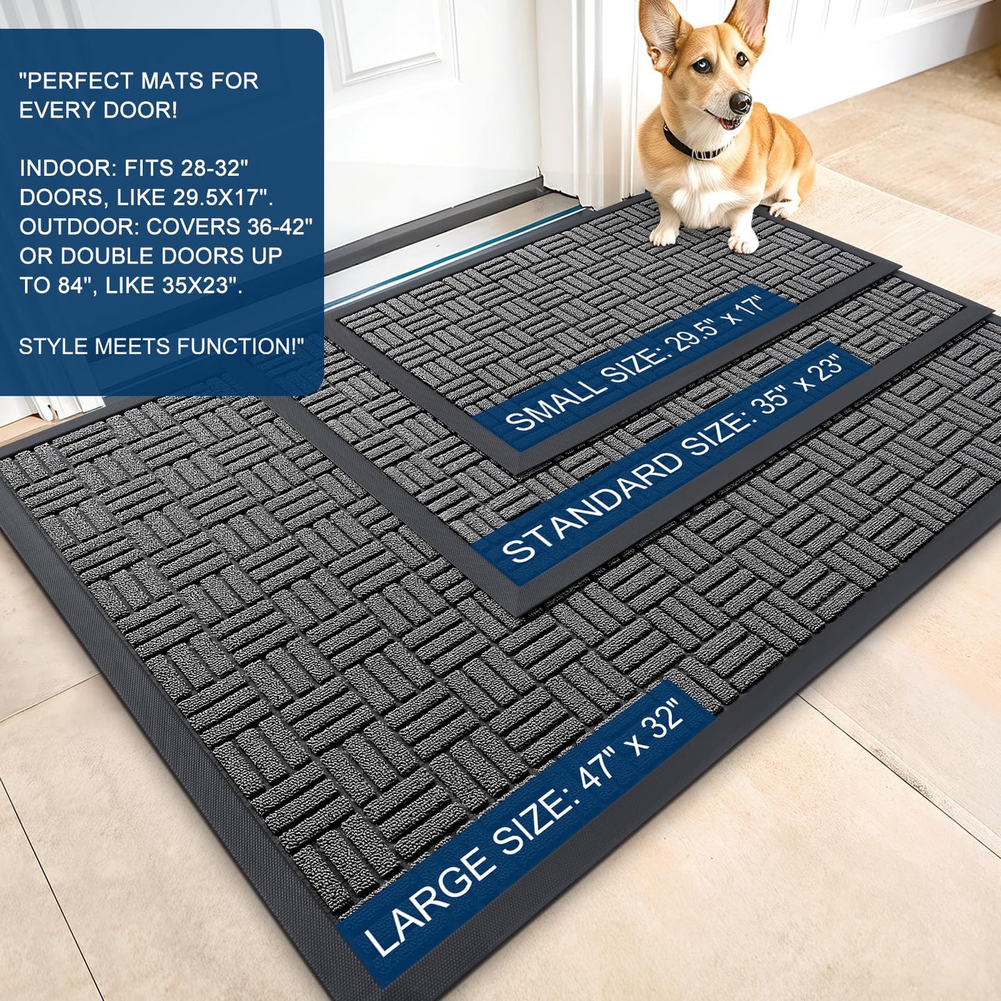 OLANLY Front Door Mat Outside Entrance 47x32, Absorbent, Heavy Duty Sturdy Natural Rubber Doormat Indoor Outdoor, Stain and Fade Resistant, Non-Slip Backing Low Profile Floor Mat for Entryway, Grey