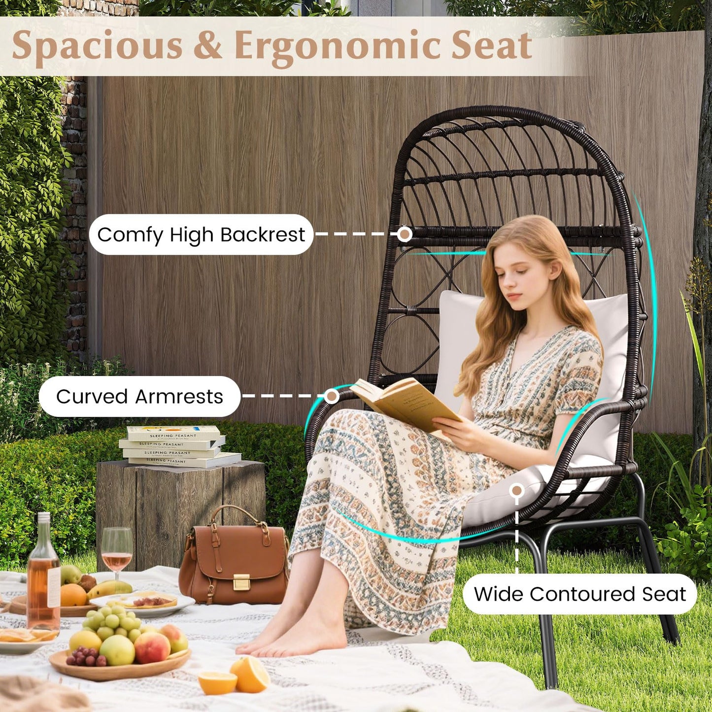 Tangkula Narrow Wicker Egg Chair Outdoor, Patio Rattan Lounge Basket with Seat & Back Cushions, Metal Indoor Outdoor Leisure Sofa Cocoon Chair for Bedroom, Backyard, Balcony, 400 lbs Max Load