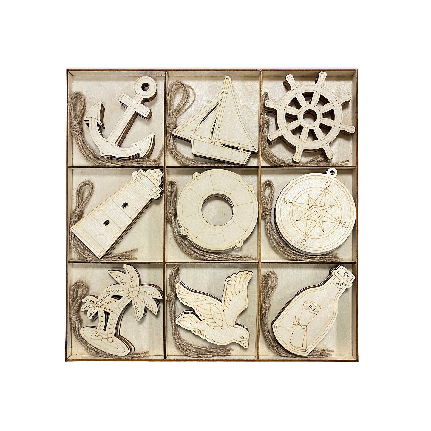 45 Pack Unfinished Nautical Wood Cutouts for Crafts, Wooden Anchor,Sailboat,Ship Wheel,Compass for DIY Project 3.5 Inch 5 Peices Each