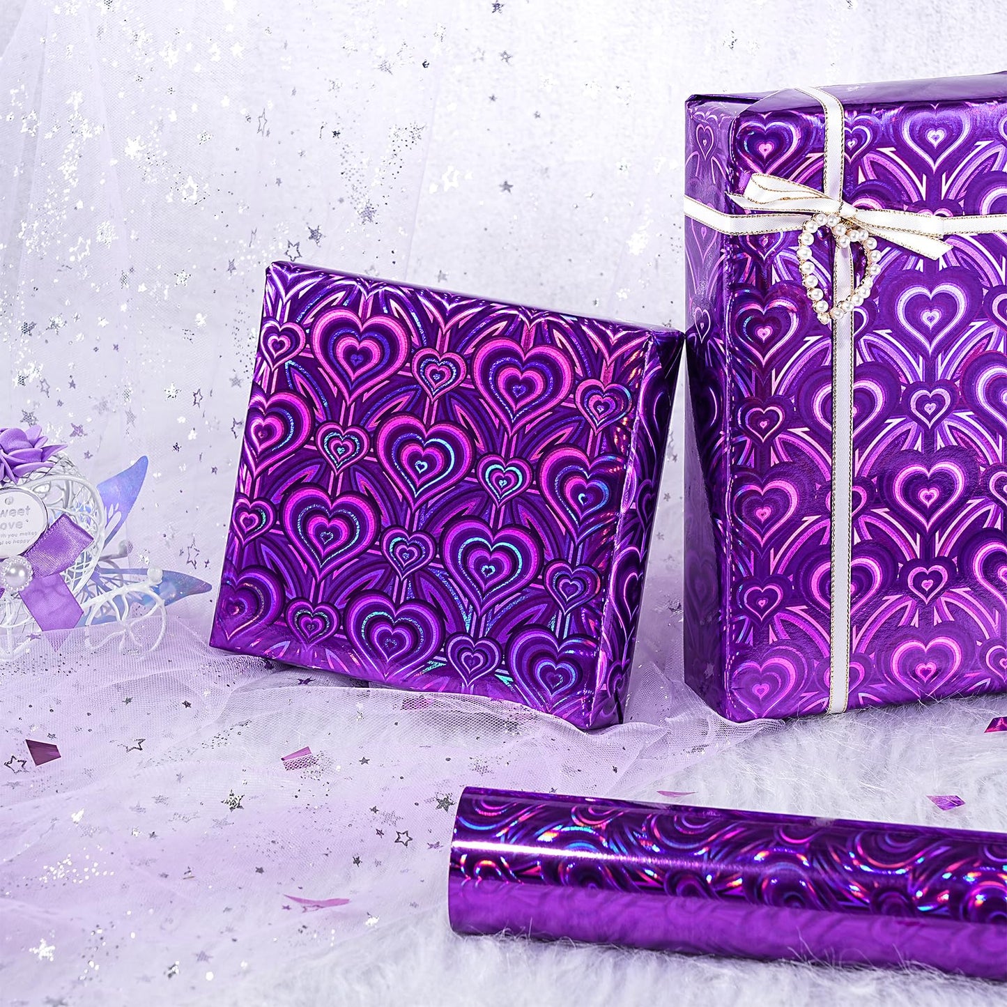 LeZakaa Purple Holographic Wrapping Paper, Metallic Foil Purple Heart for Helloween, Mothers Day, Graduation, Birthday, Valentines, Wedding, Baby Shower, Christmas, Mini Roll, 17 IN x 32.8 FT